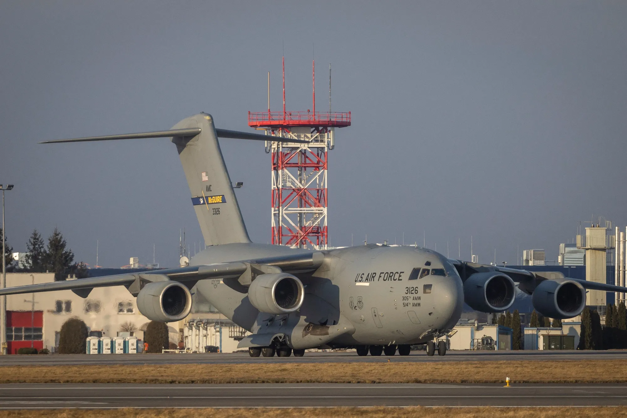 A US Air Force C-17 Globemaster cargo plane at Rzeszow-Jasionka airport.