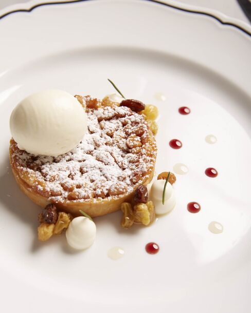 The excellent pine nut tart at La Sirena, with a scoop of olive oil gelato.
