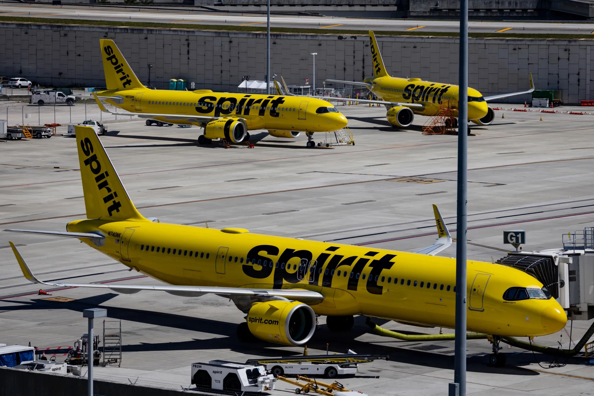 Spirit Airlines airplanes at Fort Lauderdale-Hollywood International Airport in Florida.