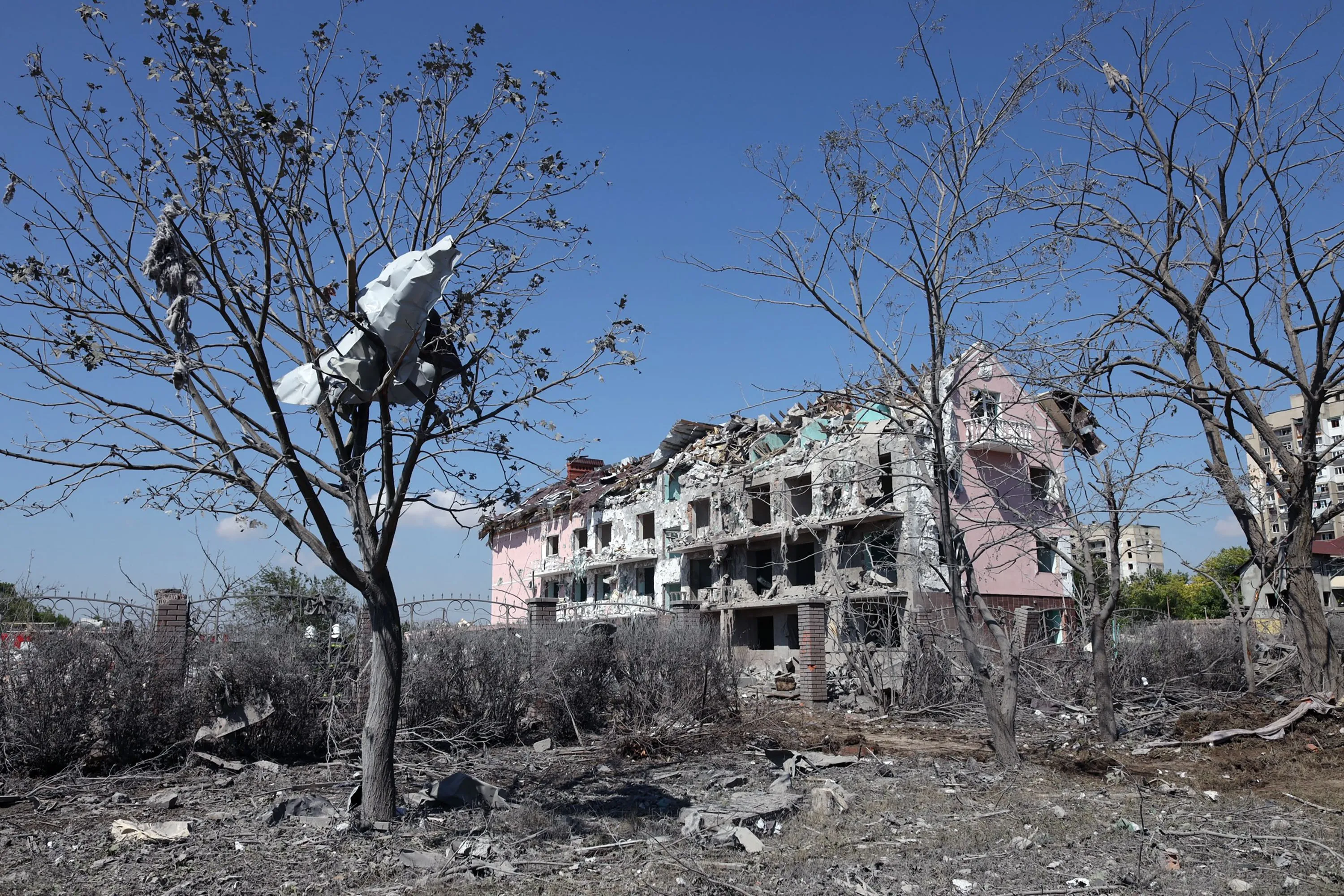 A destroyed building after being hit by a missile strike in the town of Sergiyvka, near Odessa.