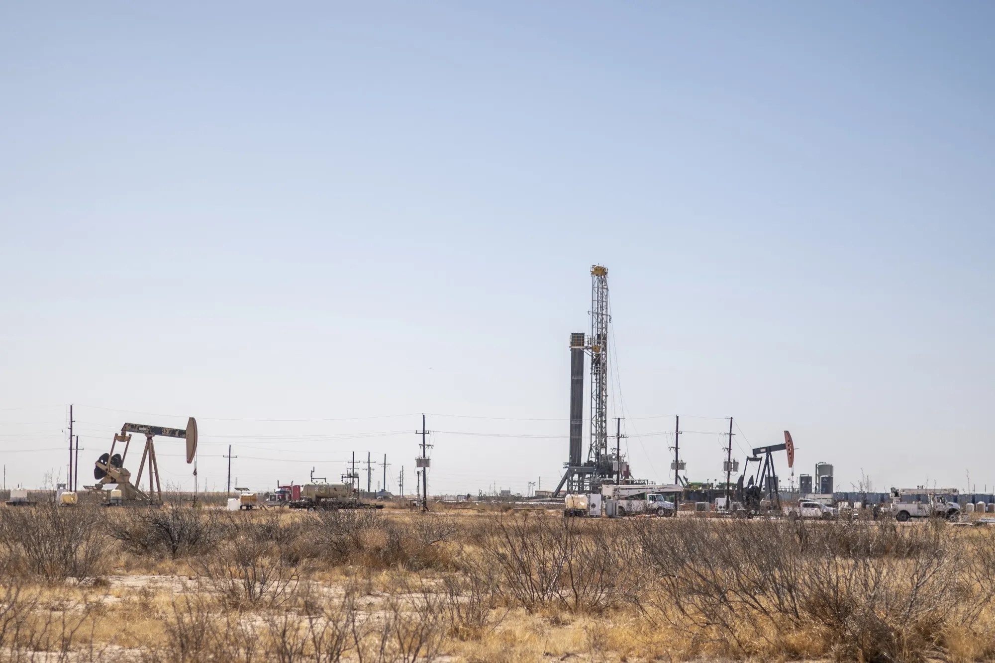 An oil drilling rig in Midland, Texas.