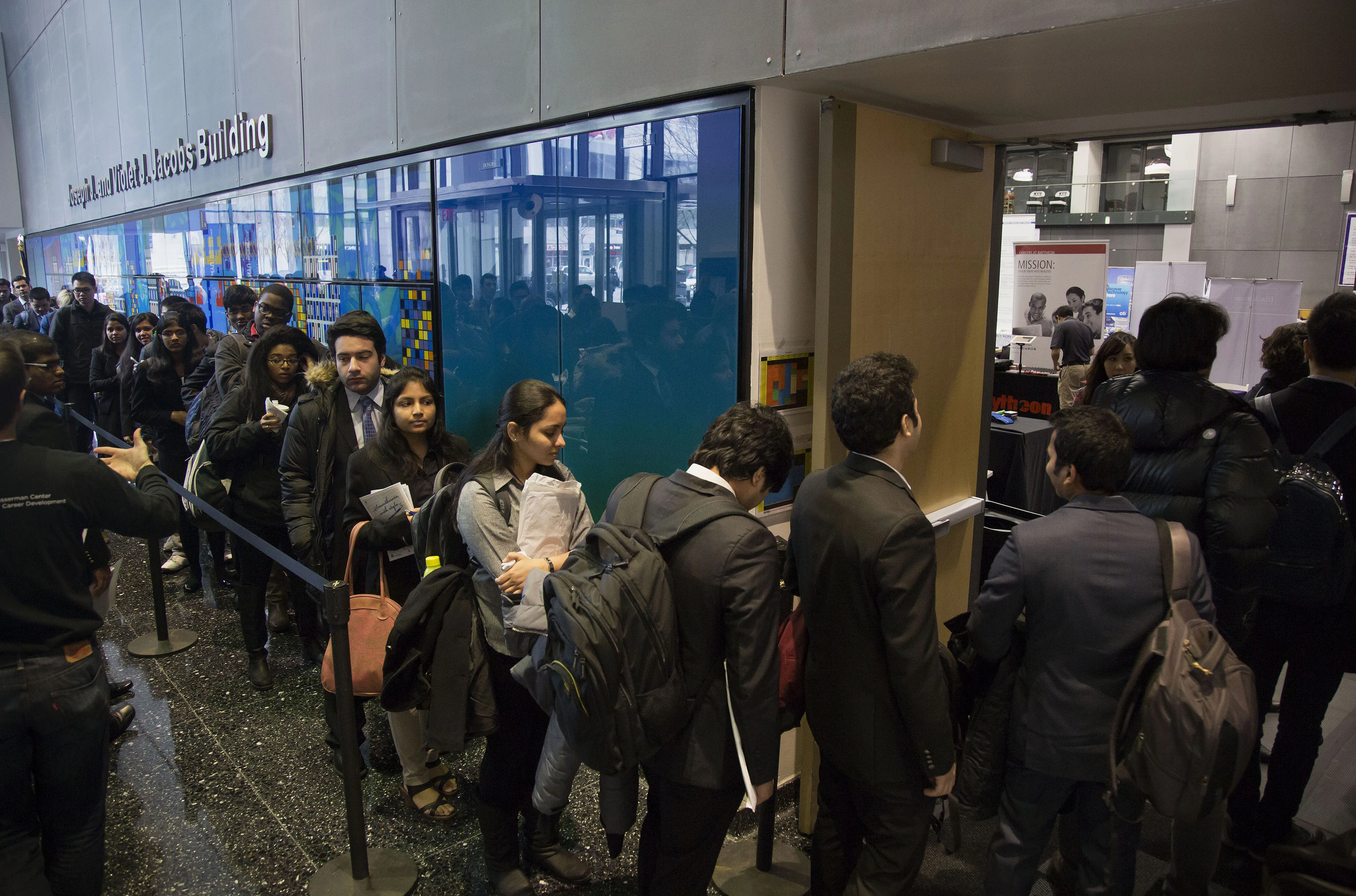 Students wait before the start of an engineering and technology career fair at the New York University Polytechnic School of Engineering in Brooklyn, N.Y., on Thursday, Feb. 12, 2015.
