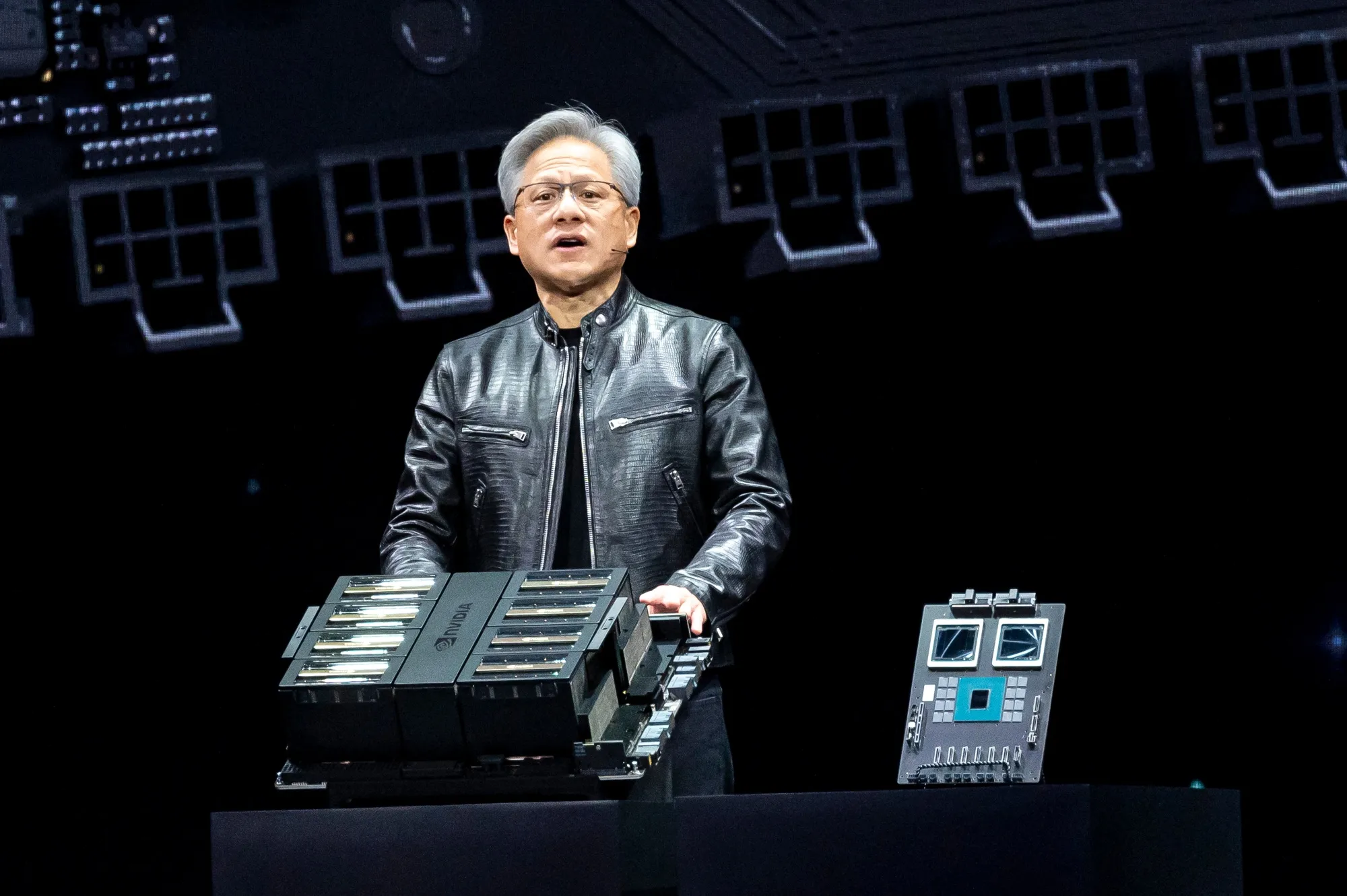 Jensen Huang, CEO of Nvidia, displays the new BlackwellGPU chip&nbsp;in San Jose, California, on&nbsp;March 18.
