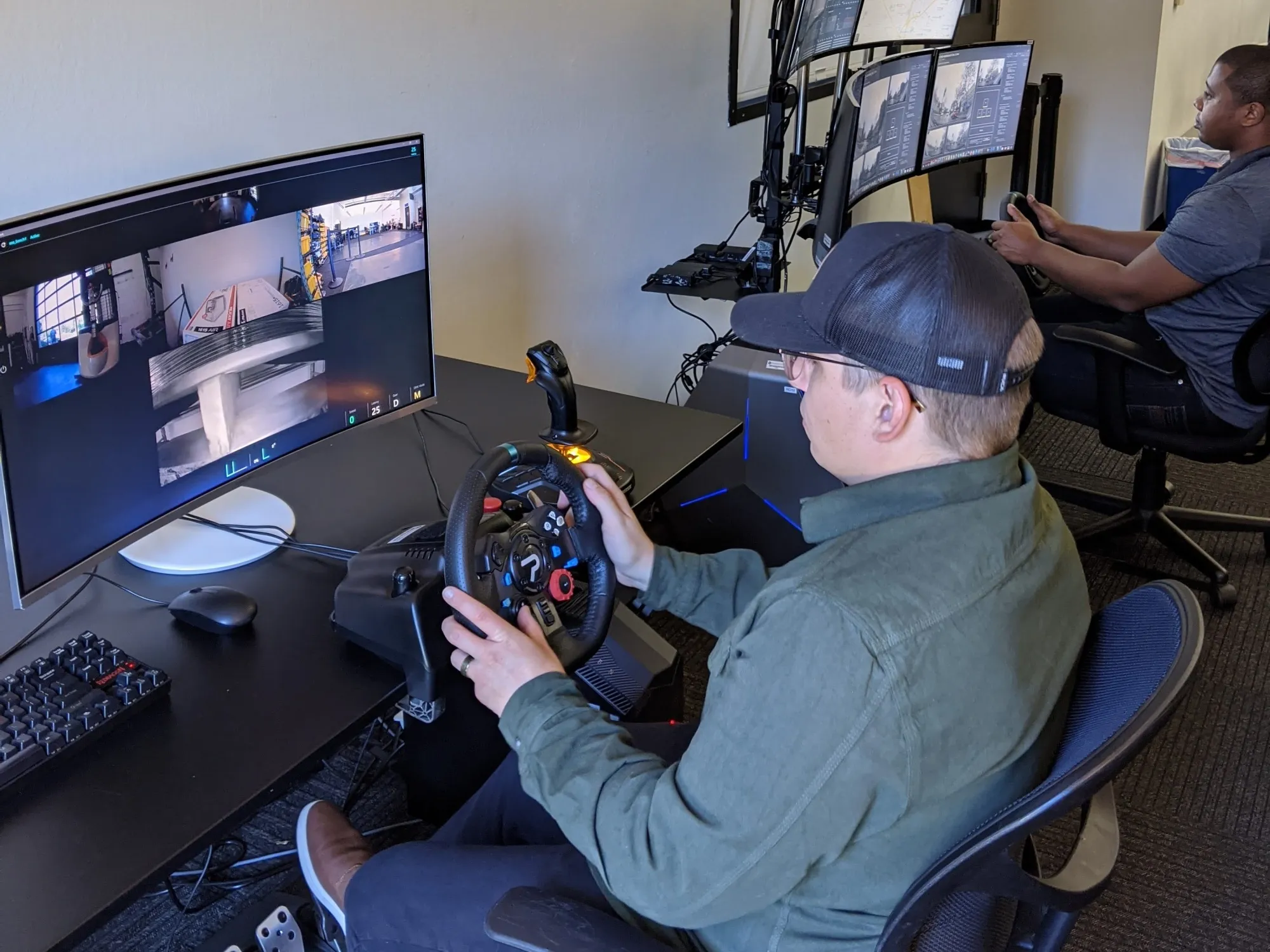 A driver operates a forklift remotely.