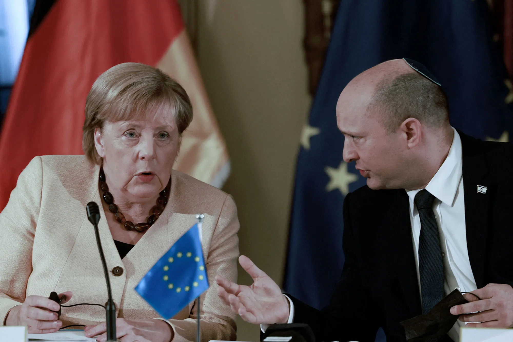 Angela Merkel with Naftali Benett in Jerusalem, on Oct.&nbsp;10.&nbsp;