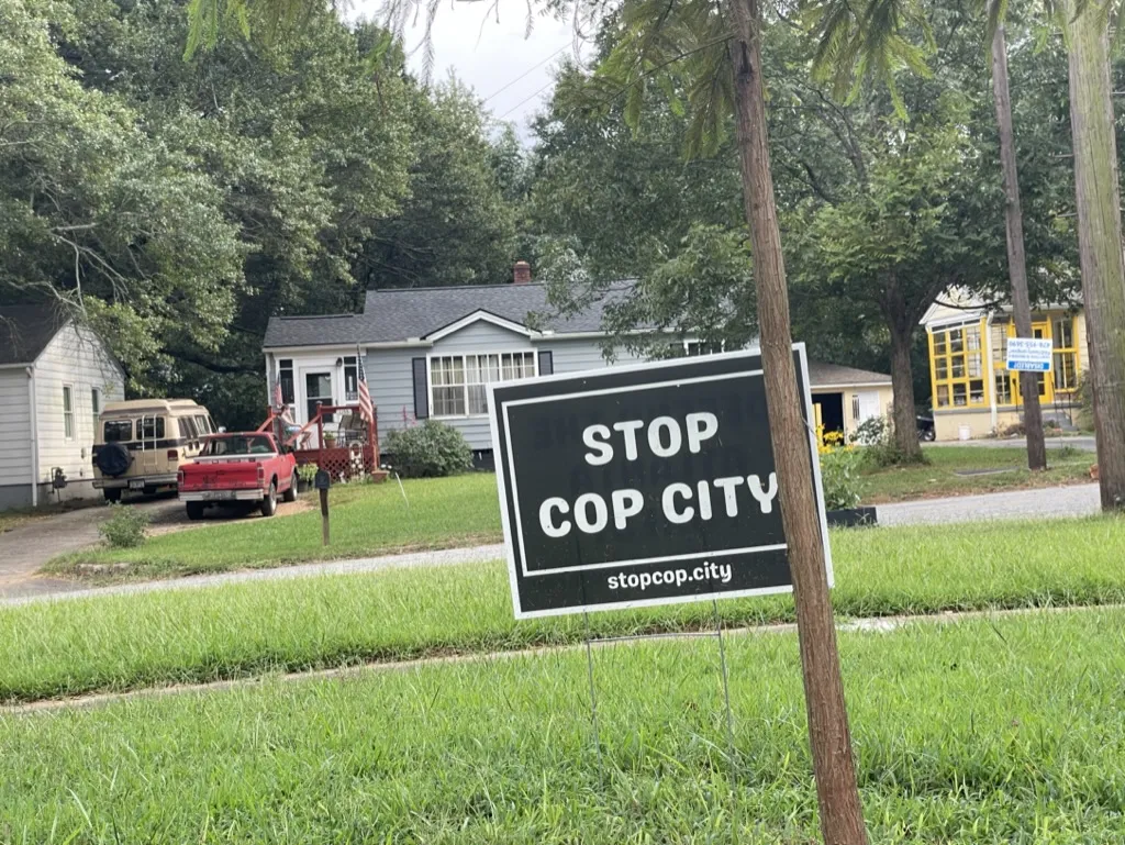 A yard sign on a home close to the proposed site for Atlanta’s Public Safety Training Center reflects some neighbors’ sentiments.