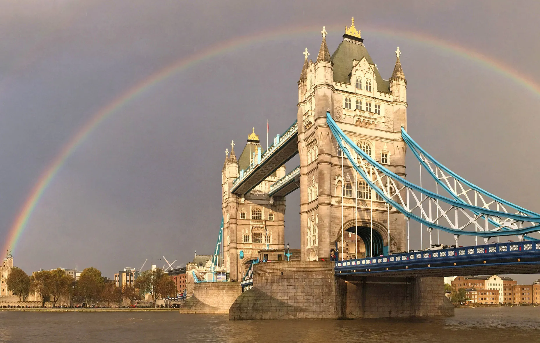 LONDON, ENGLAND - NOVEMBER 10: (EDITORS NOTE: Image was created with an iphone) A view of a rainbow behind Tower Bridge on November 10, 2014 in London, England.
