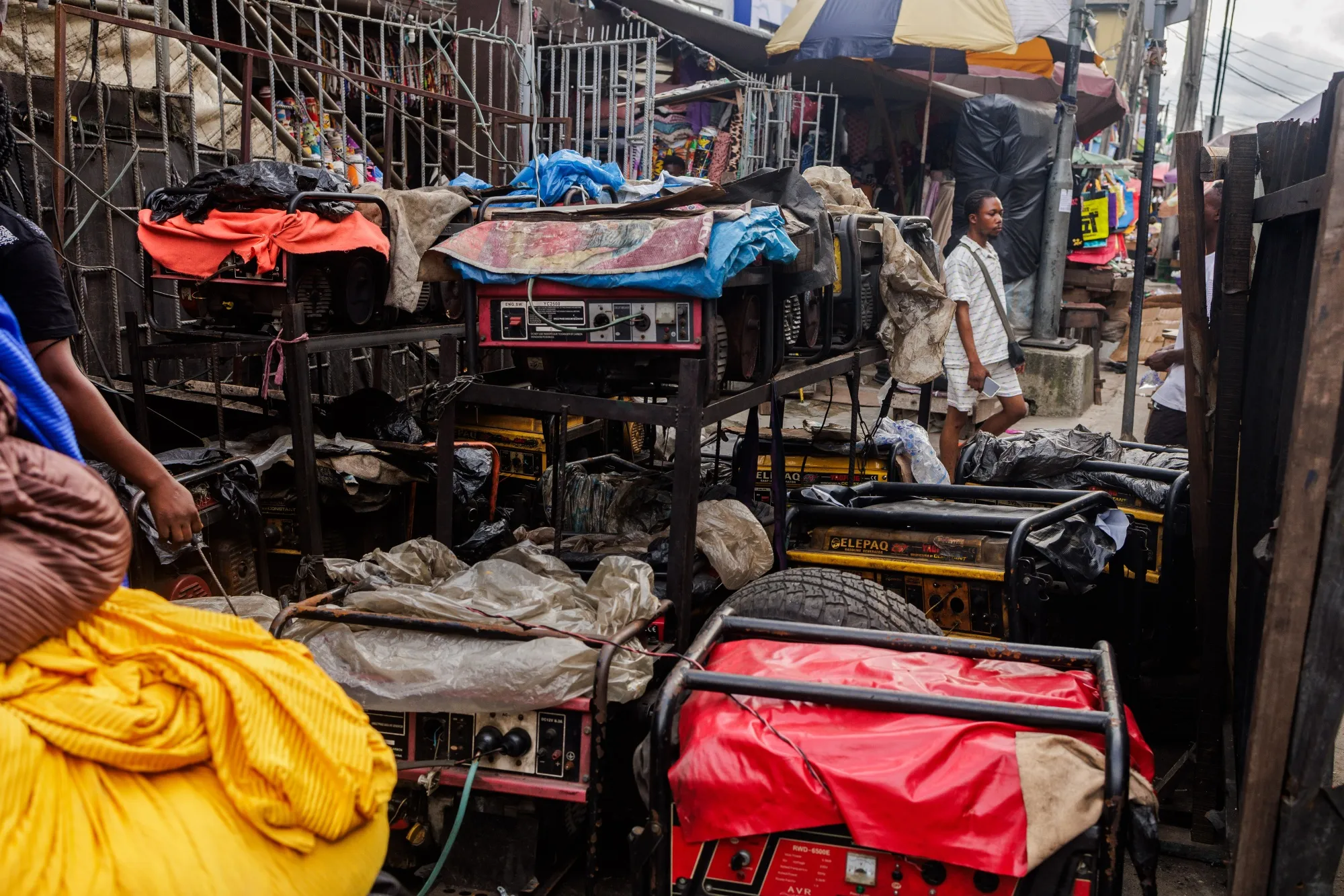 Diesel generators for power outages, at a market in Lagos, Nigeria.