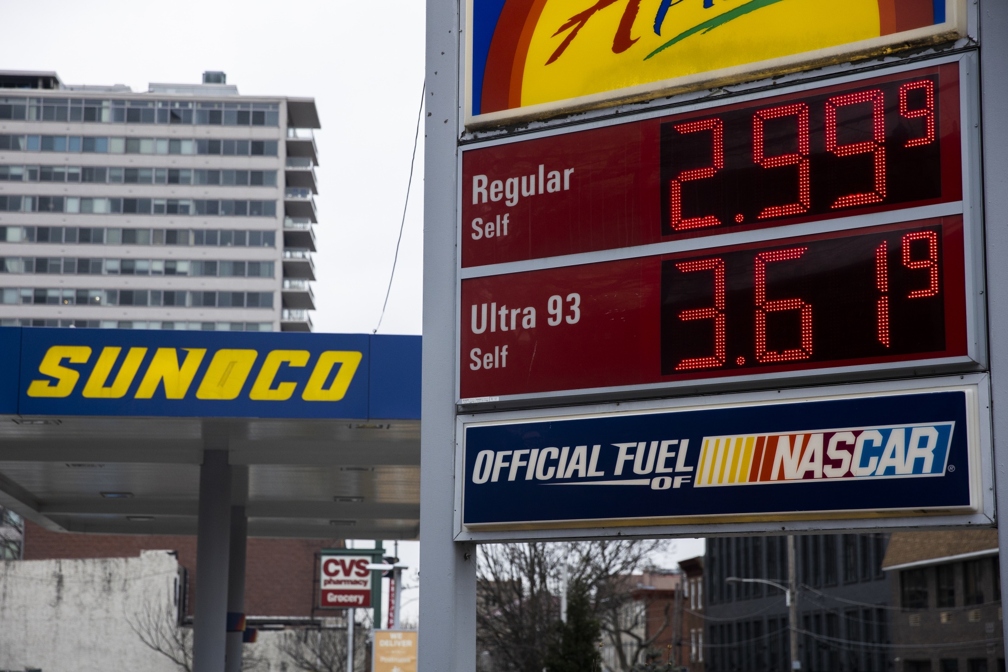 Fuel prices at a gas station in Philadelphia, March 17.