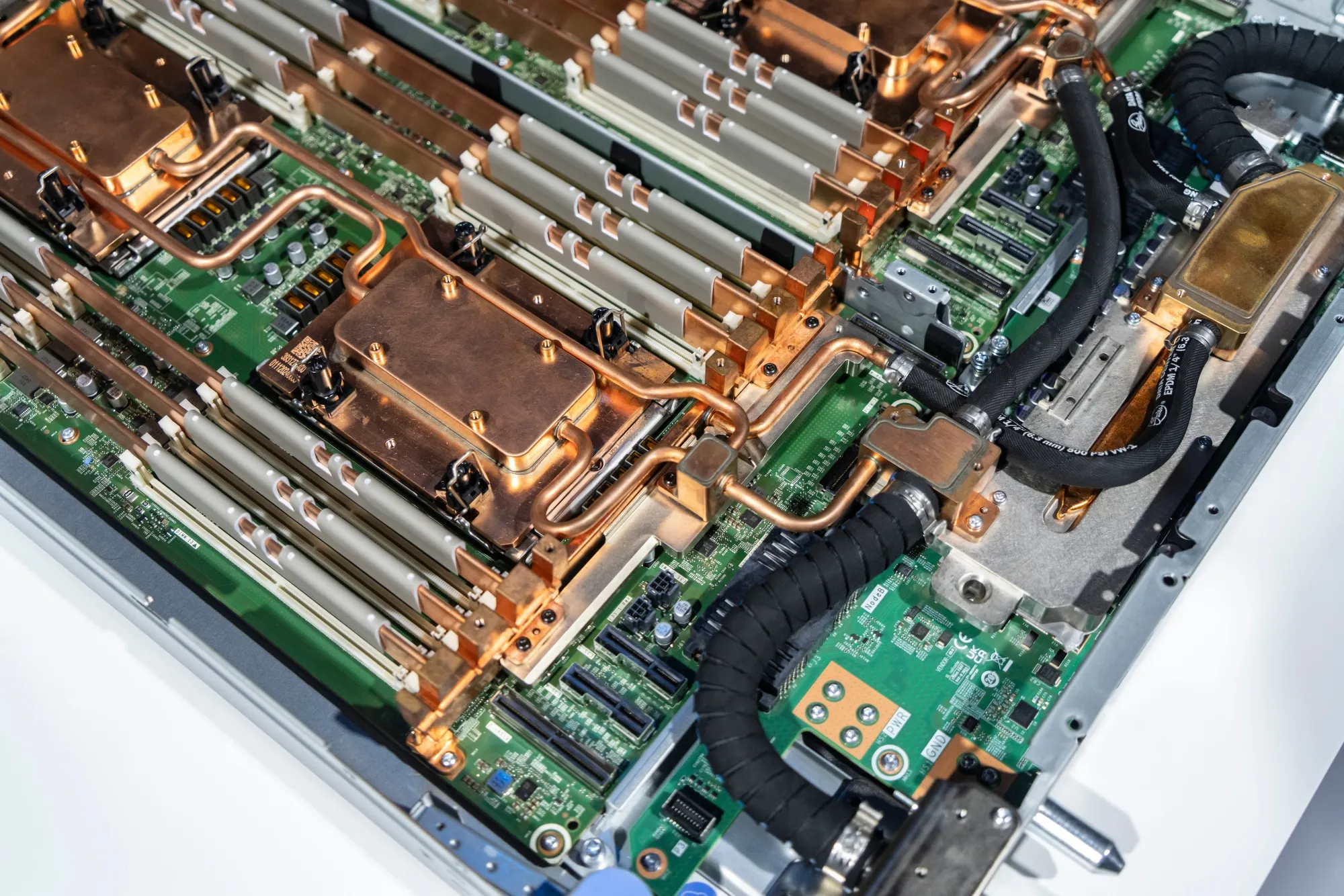 A liquid cooled server unit displayed at the Lenovo booth at the MWC Shanghai tech show.