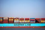 Shipping containers on a container ship, operated by A.P. Moller-Maersk A/S, at the Port of Felixstowe, U.K.
