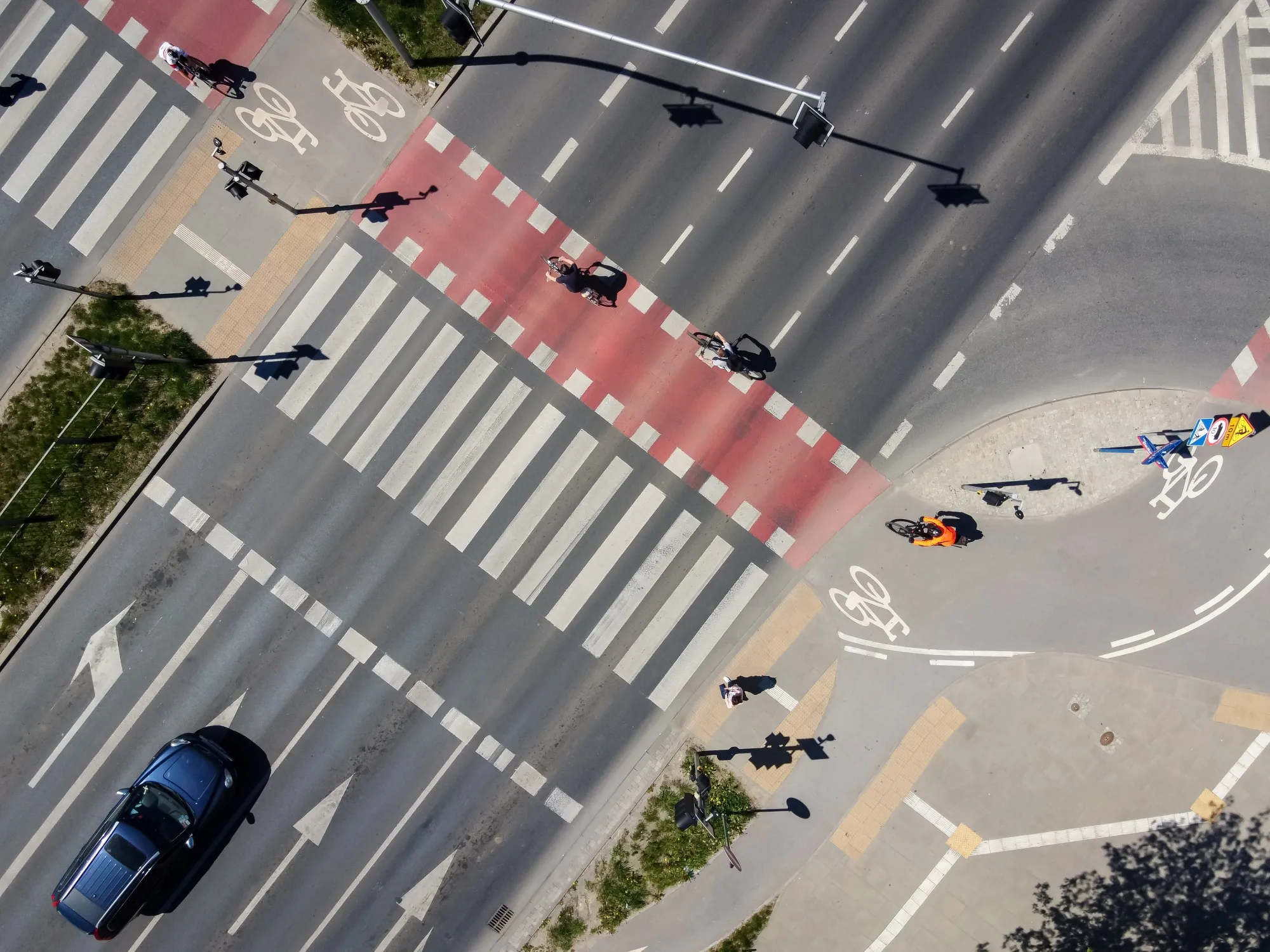 A drone view of crosswalk and bike path, in Warsaw, Poland on May 13, 2021.&nbsp;