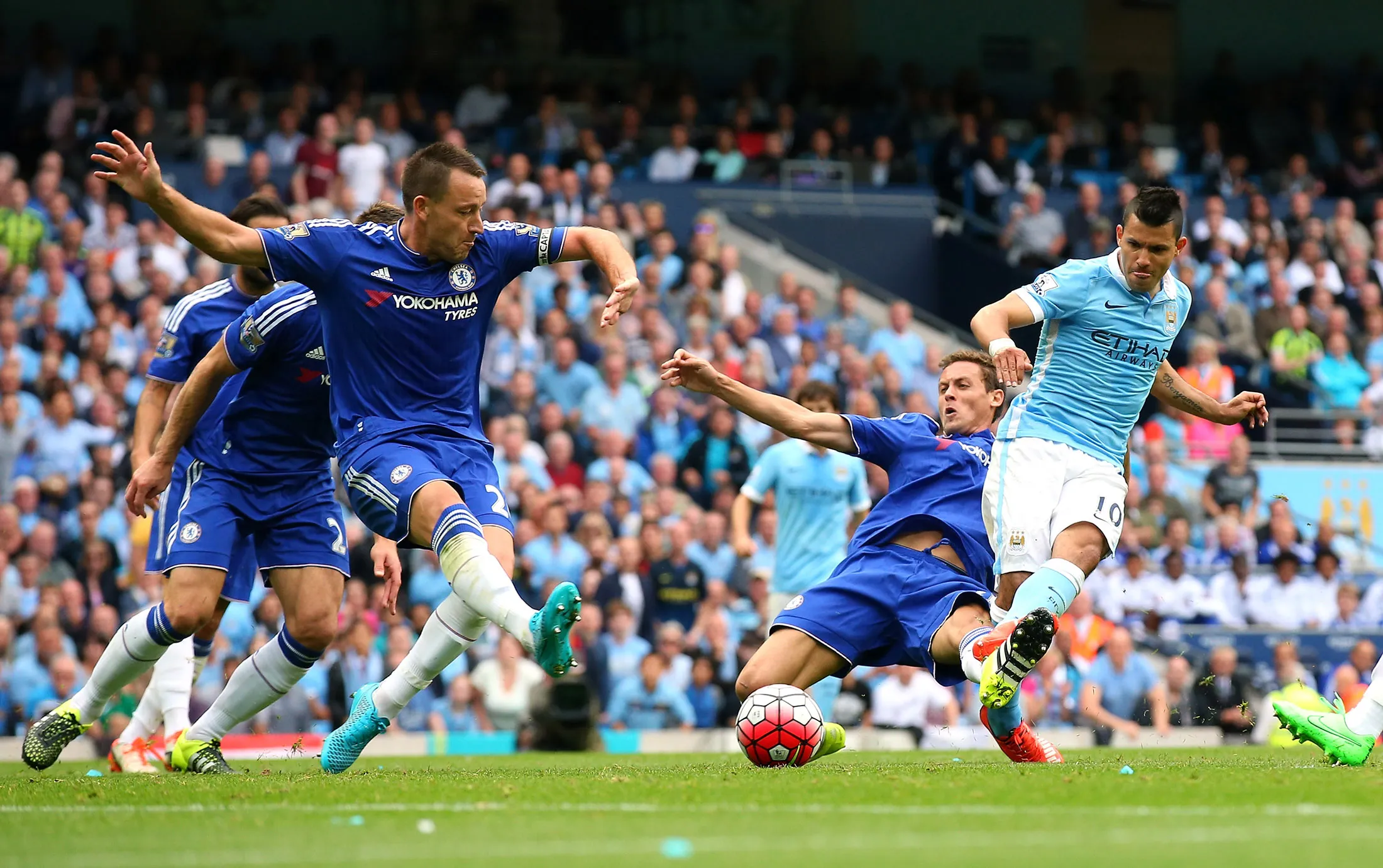 Sergio Aguero of Manchester City scores the opening goal during the Barclays Premier League match between Manchester City and Chelsea at Etihad Stadium on August 16, 2015, in Manchester, U.K.
