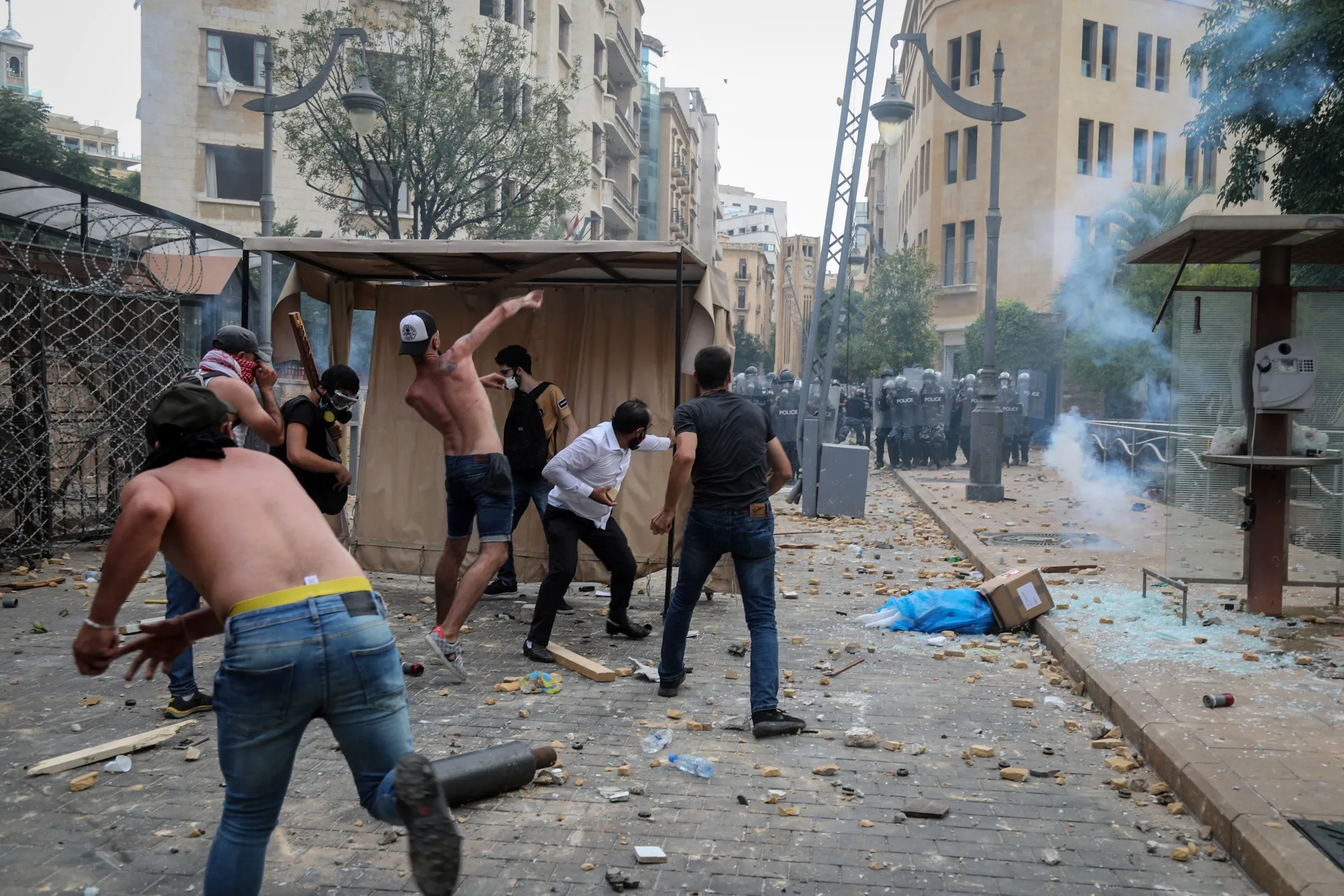 Protesters clash with security forces during a demonstration near parliament in Beirut on Aug. 8.