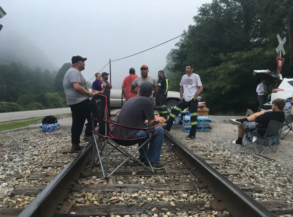 Miners block train tracks in Harlan County, Kentucky on July 30.