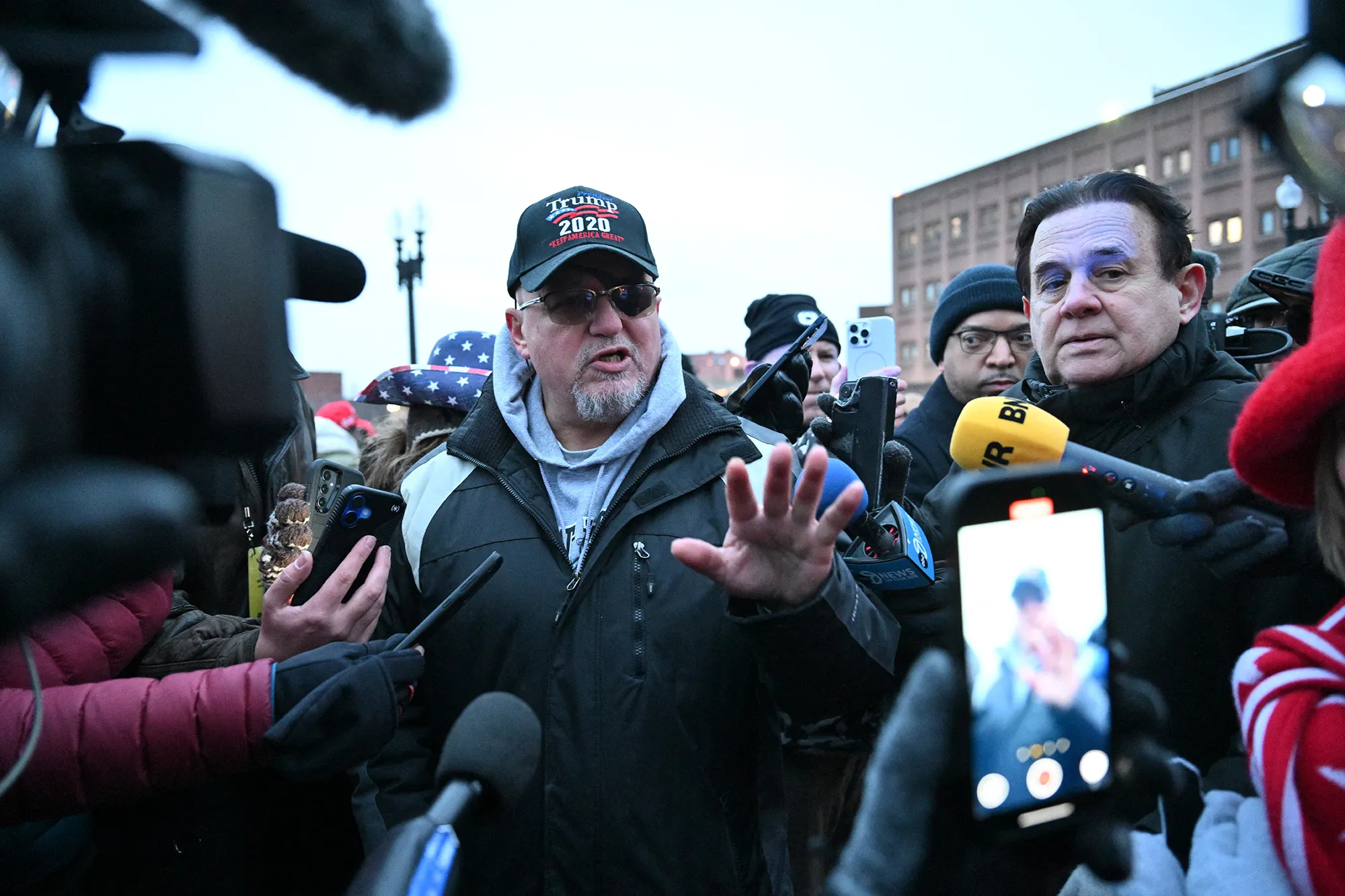 Stewart Rhodes speaks to members of the media outside the DC Central Detention Facility in Washington, DC, on Jan. 21.&nbsp;