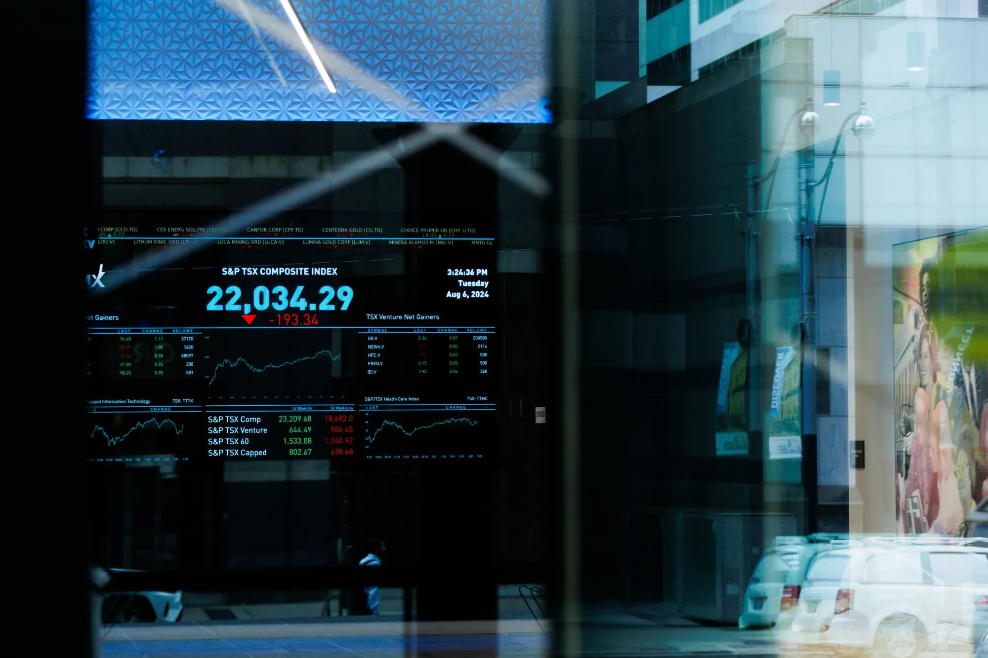 The TSX ticker on the outside of the TMX Group headquarters in the financial district of Toronto, Ontario, Canada.