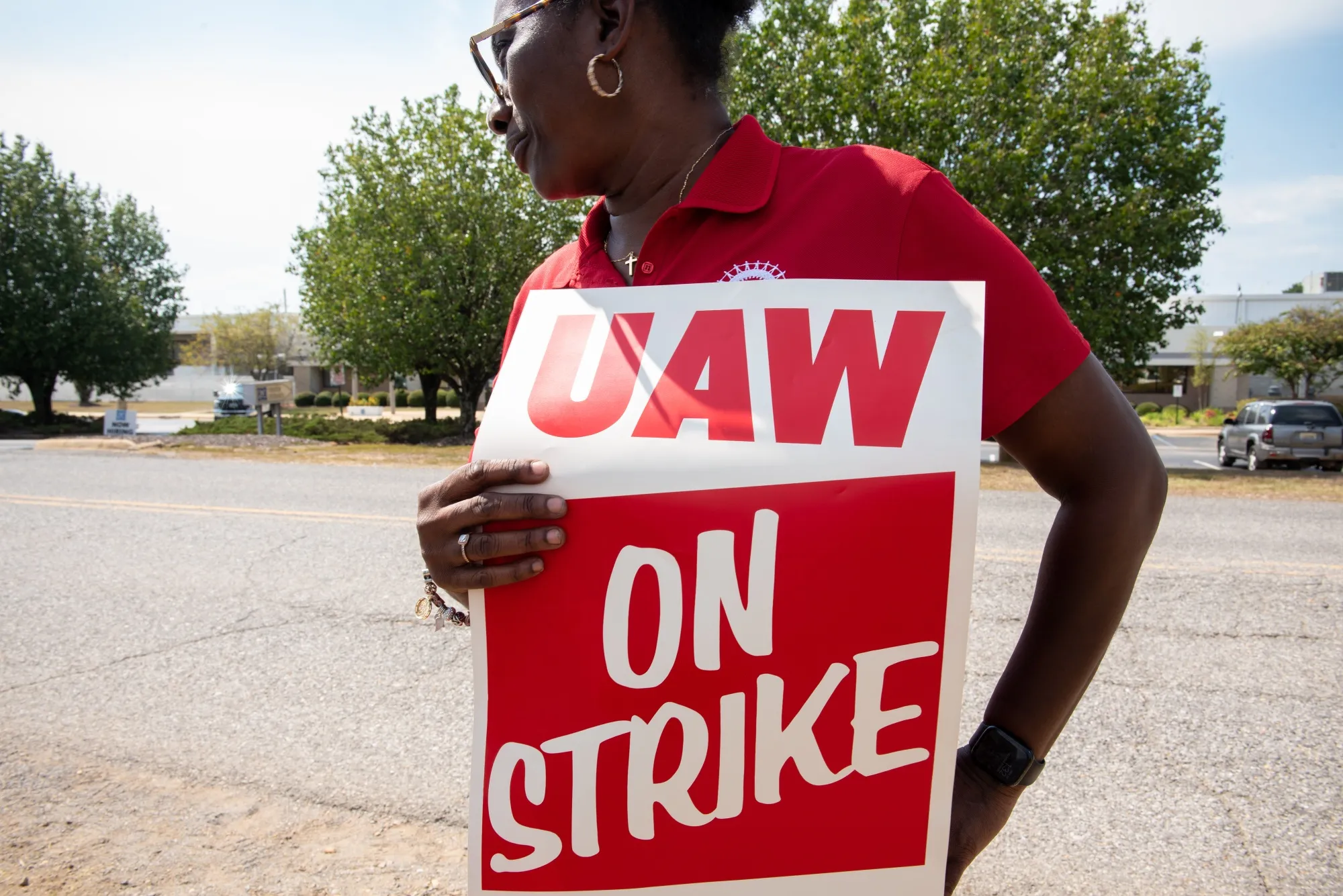 A "UAW On Strike" sign held on a picket line outside the ZF Chassis Systems plant in Tuscaloosa, Alabama, US, on Sept. 20.