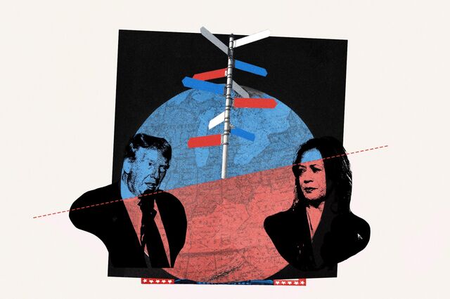 Photo collage and illustration depicting Donald Trump and Kamala Harris