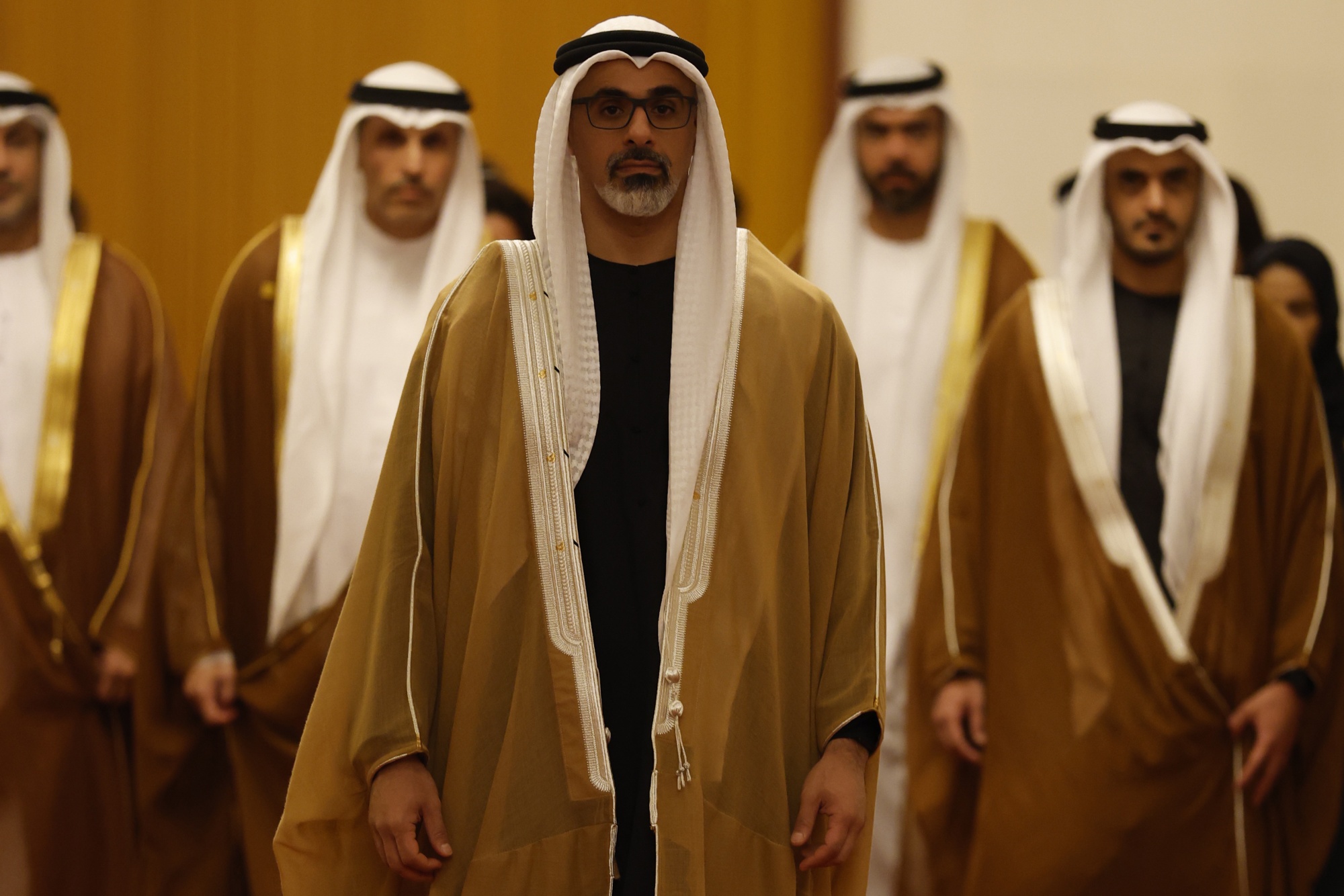BEIJING, CHINA - APRIL 14: Sheikh Khaled bin Mohamed bin Zayed Al Nahyan, Crown Prince of Abu Dhabi, United Arab Emirates(C), attends a meeting with China's President Xi Jinping at the Great Hall of the People on April 14, 2026 in Beijing, China. (Photo by Haruna Furuhashi - Pool/Getty Images)