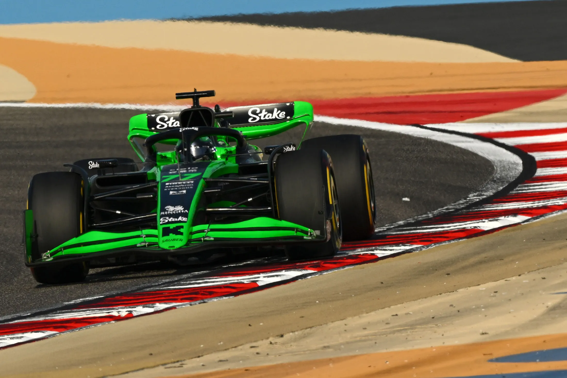 Valtteri Bottas driving his Kick Sauber F1 racecar in Bahrain.