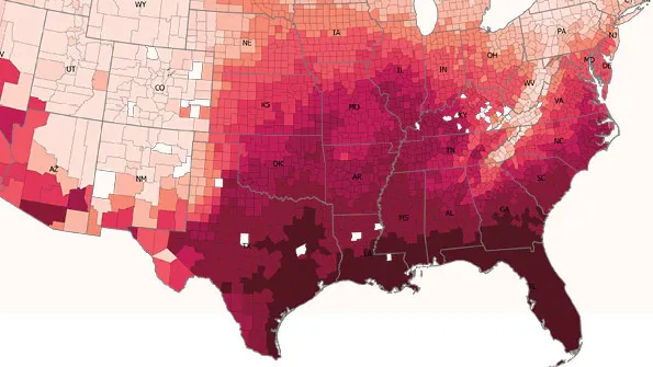 Change in days above 100°F, 2023-2053