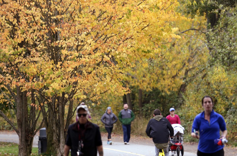 Pedestrians pass trees with brilliant fall leaves at Seattle's Green Lake Park.