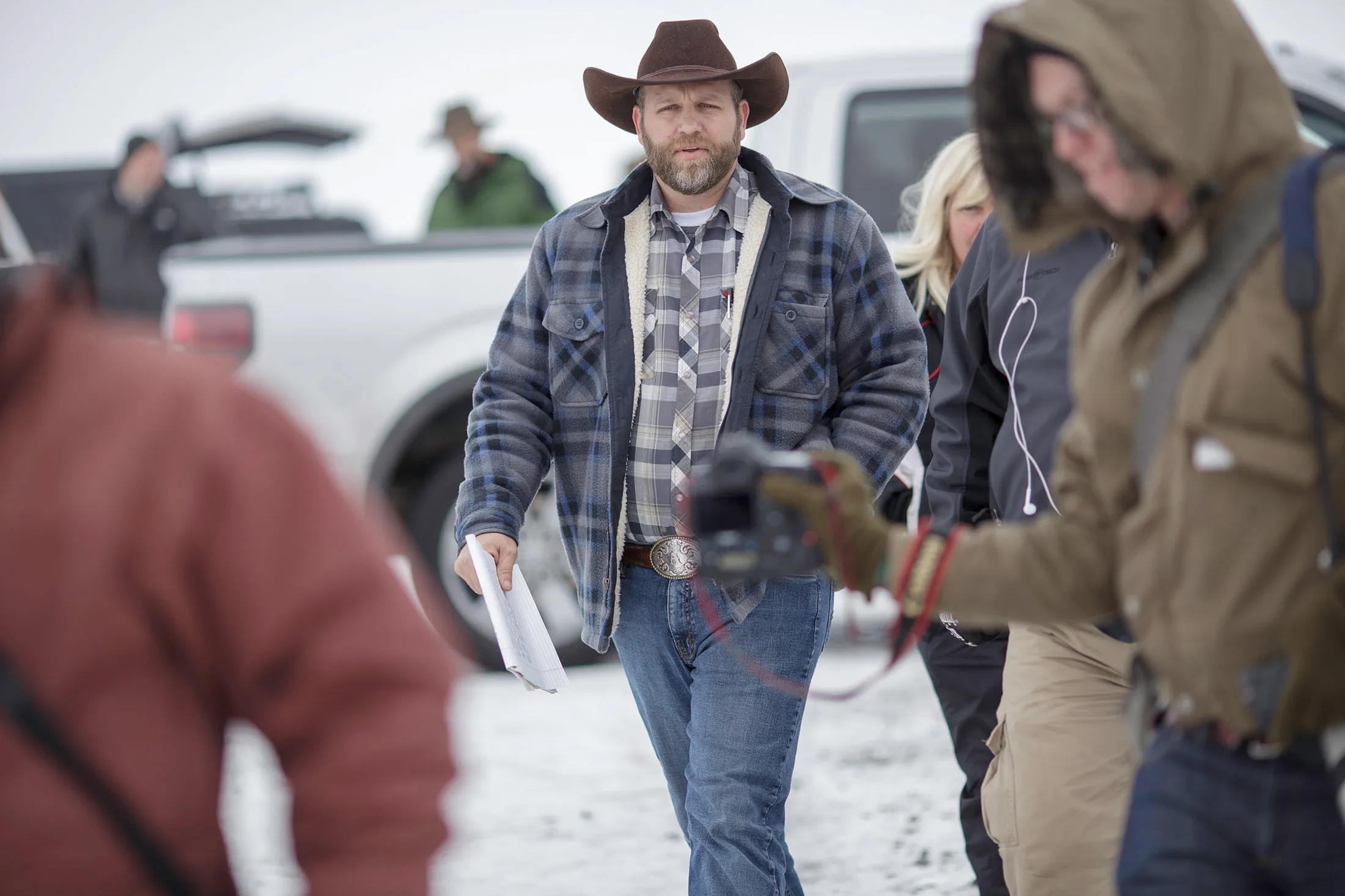 Ammon Bundy, leader of an armed anti-government militia, leaves after making a statement at a news conference at the Malheur National Wildlife Refuge Headquarters near Burns, Ore., on Jan. 5.
