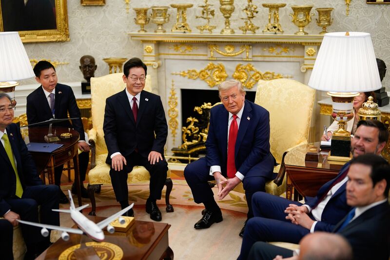 US President Donald Trump, center right, and Lee Jae Myung, South Korea's president, center left.