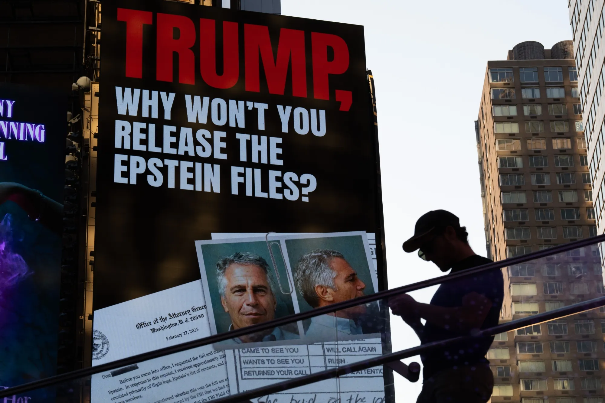 A billboard in Times Square calls for the release of the Epstein files.&nbsp;