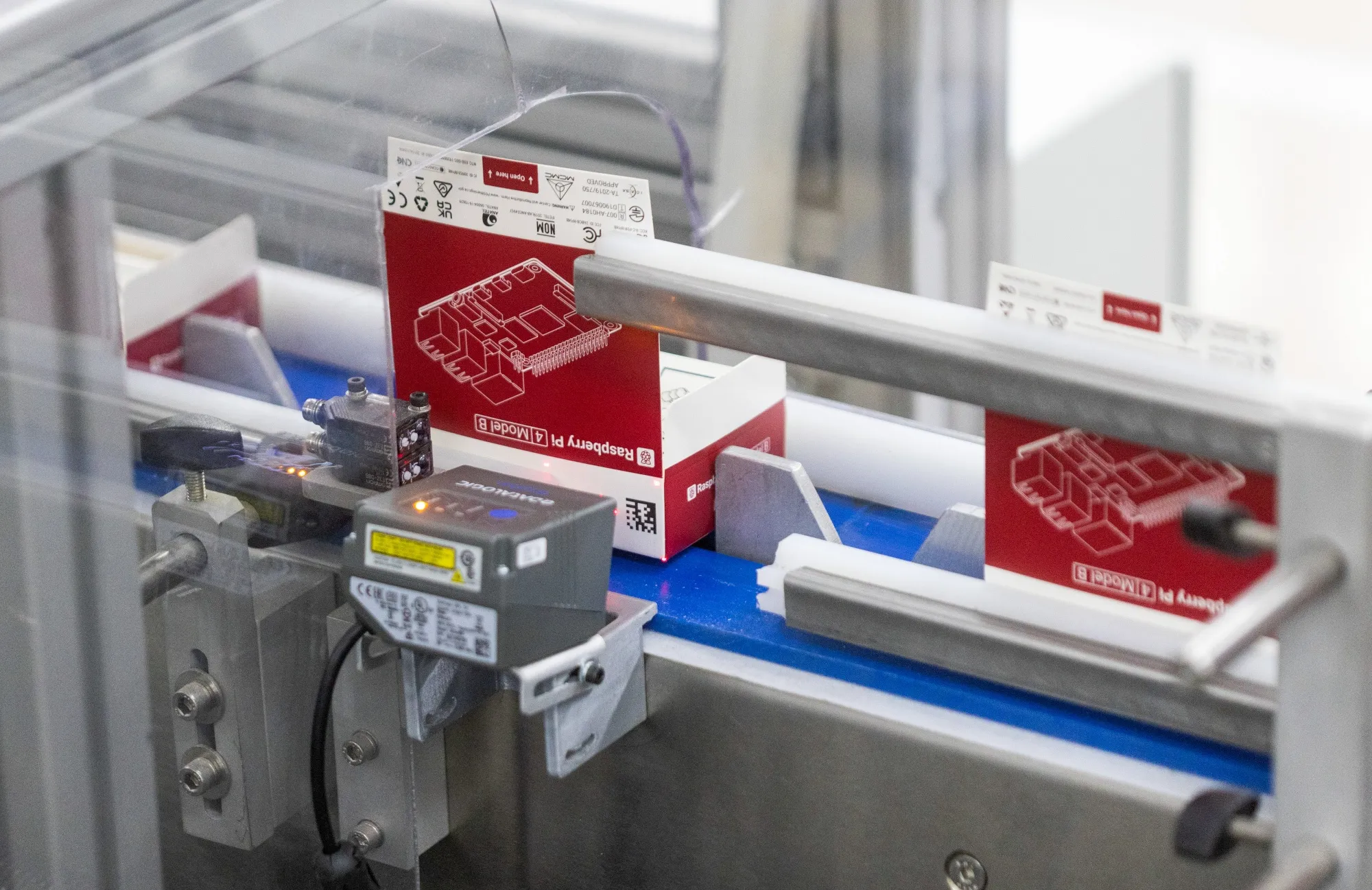 A Raspberry Pi personal computer on the final packaging line in Pencoed, UK.