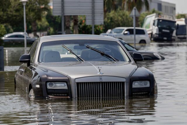 A partially submerged Rolls Royce in Dubai on April 18, 2024.