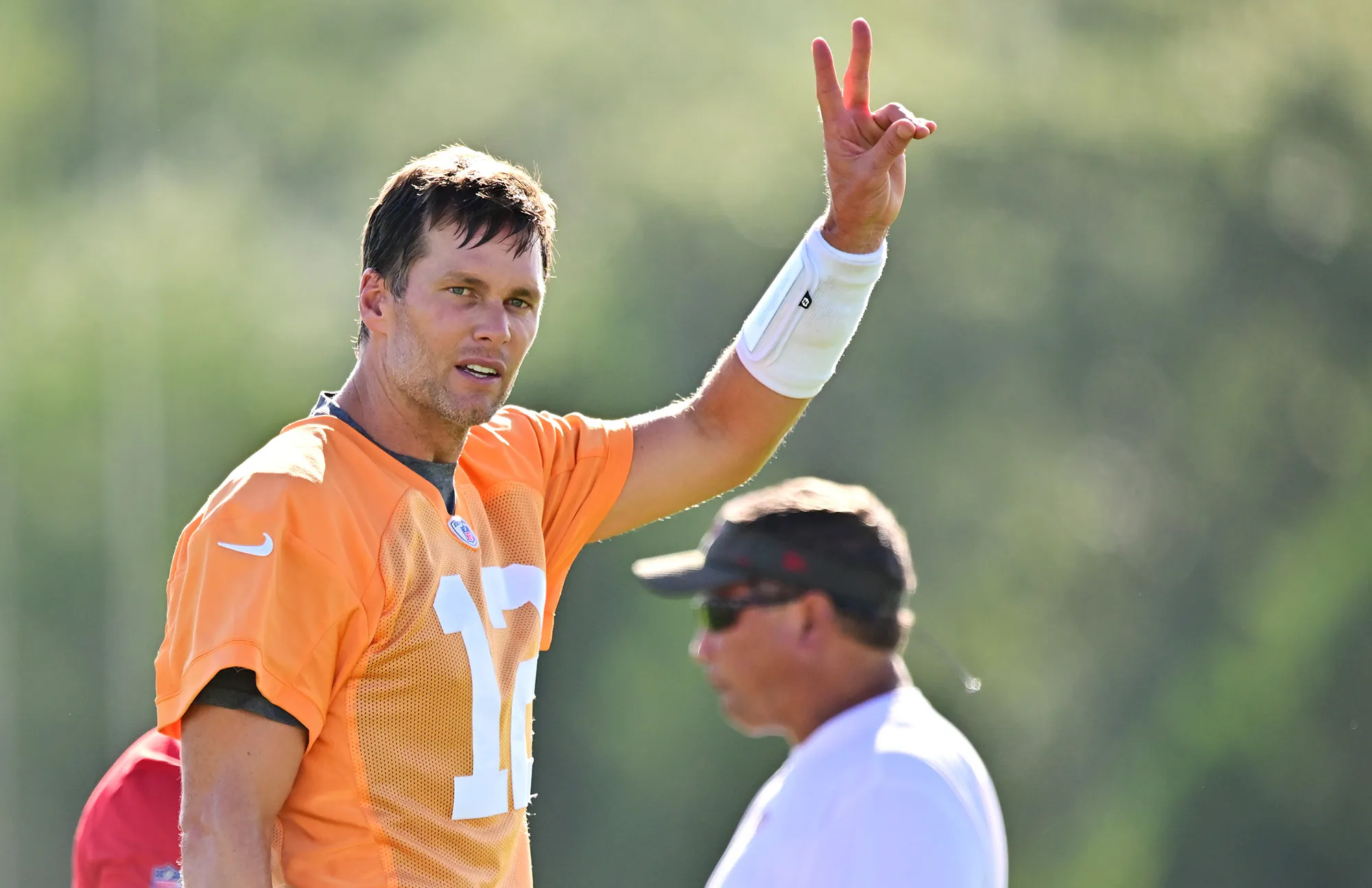 Tom Brady&nbsp;gestures to fans during Buccaneers Training Camp&nbsp;in Tampa, Florida on July 27.