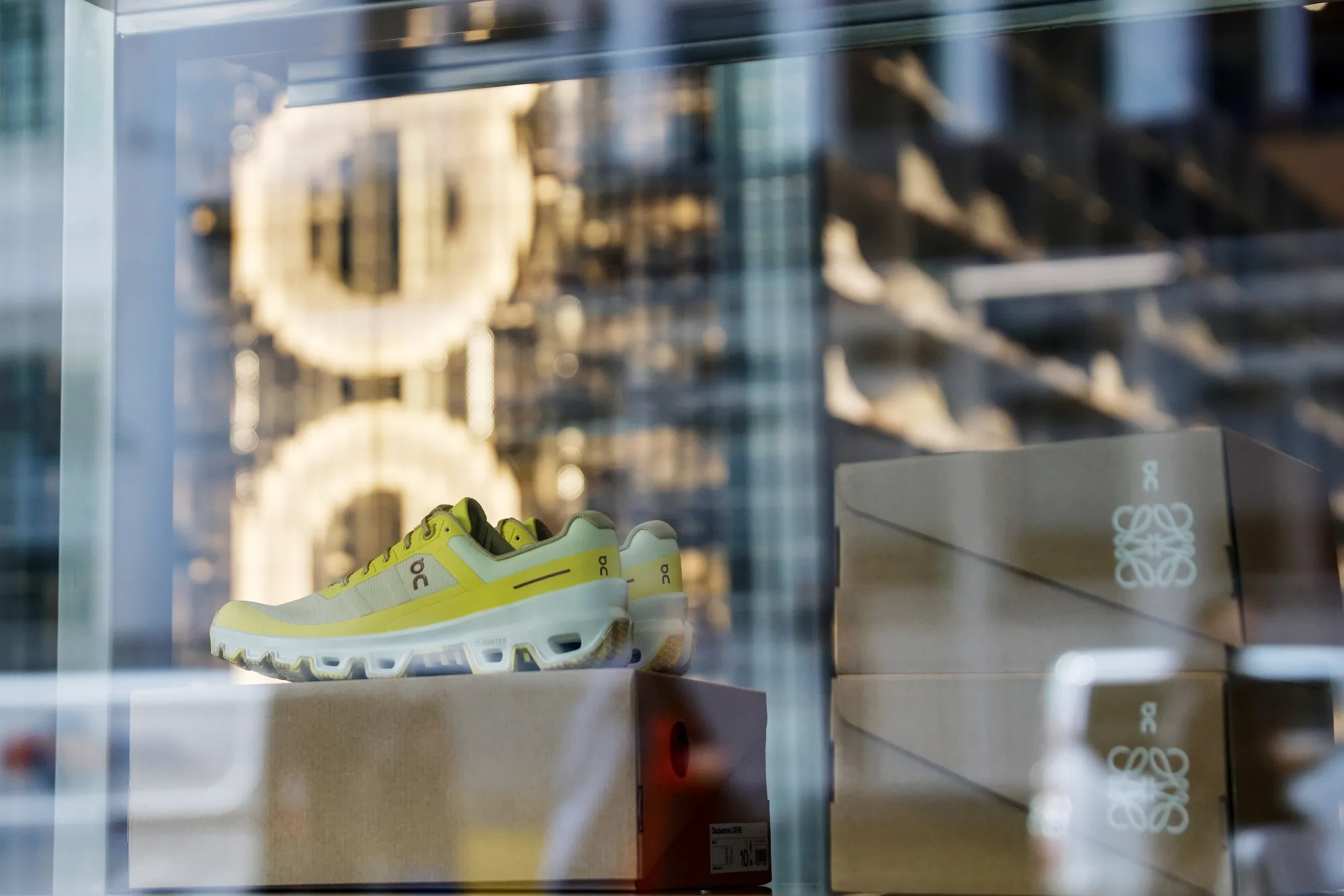 A pair of sneakers in the window of the On Labs flagship store, in Zurich.