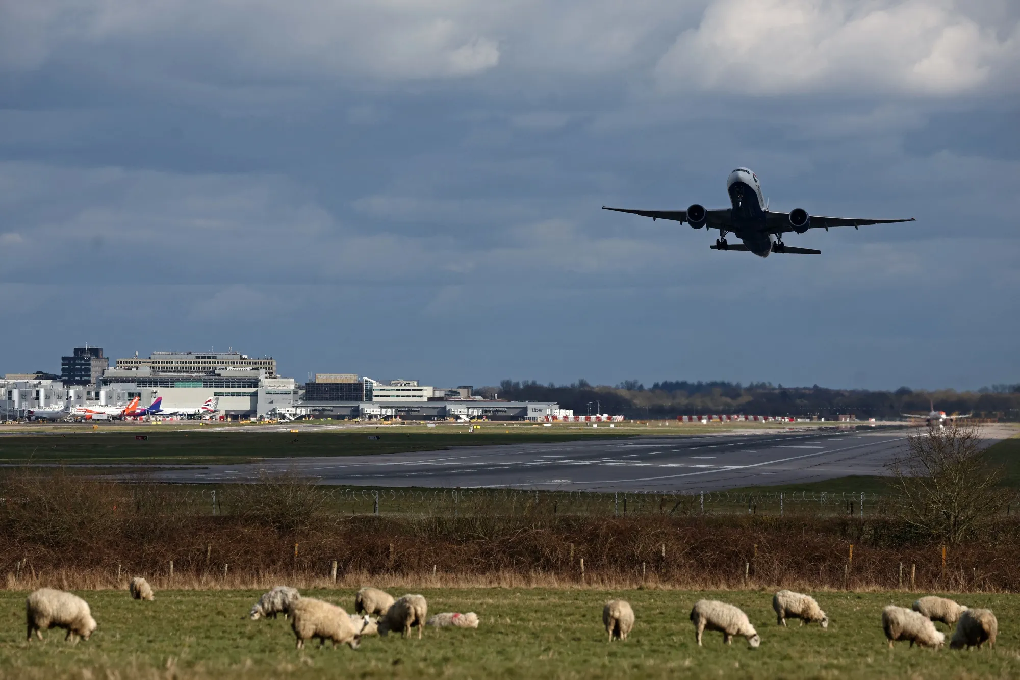 A passenger jet takes off from the single runway at&nbsp;London Gatwick Airport in February.&nbsp;