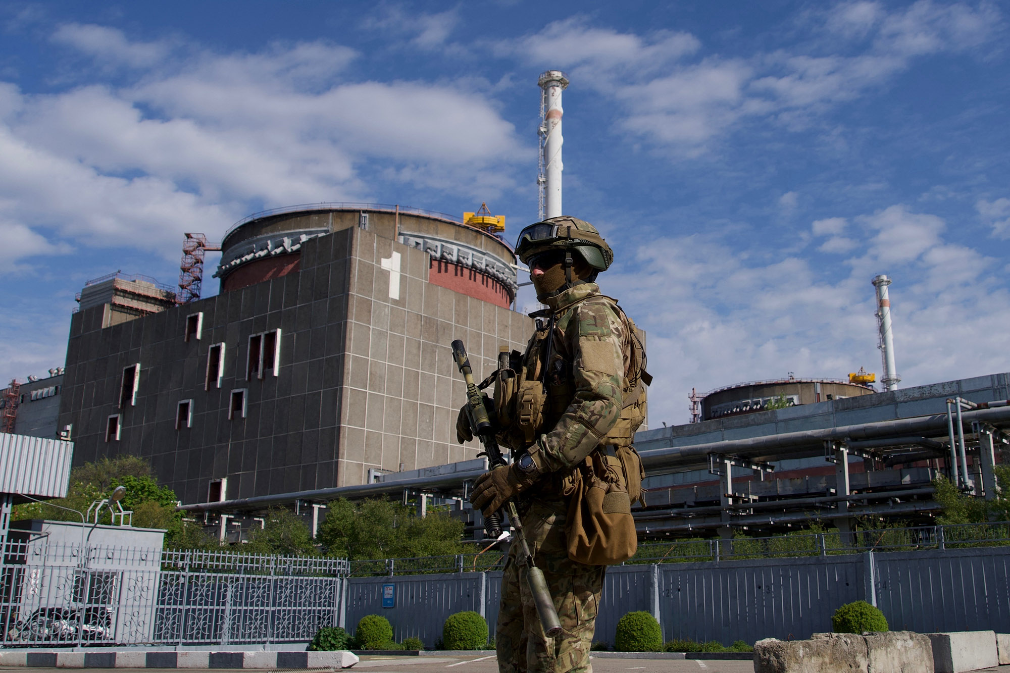 A Russian serviceman patrols the territory of the Zaporizhzhia Nuclear Power Station&nbsp;on May 1, 2022.