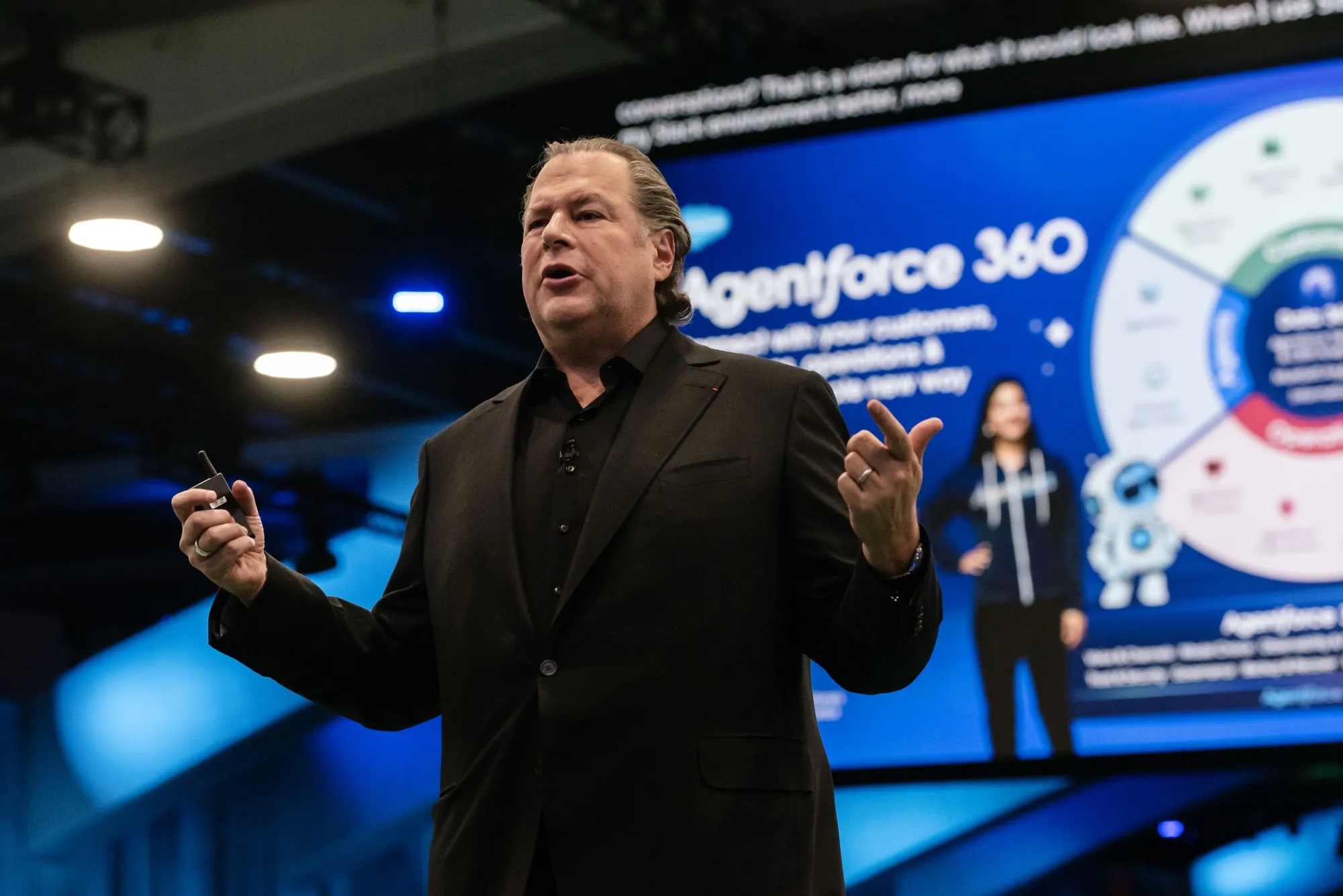 Marc Benioff, chief executive officer of Salesforce Inc., speaks during the 2025 Dreamforce conference in San Francisco on&nbsp;Oct. 14, 2025.&nbsp;