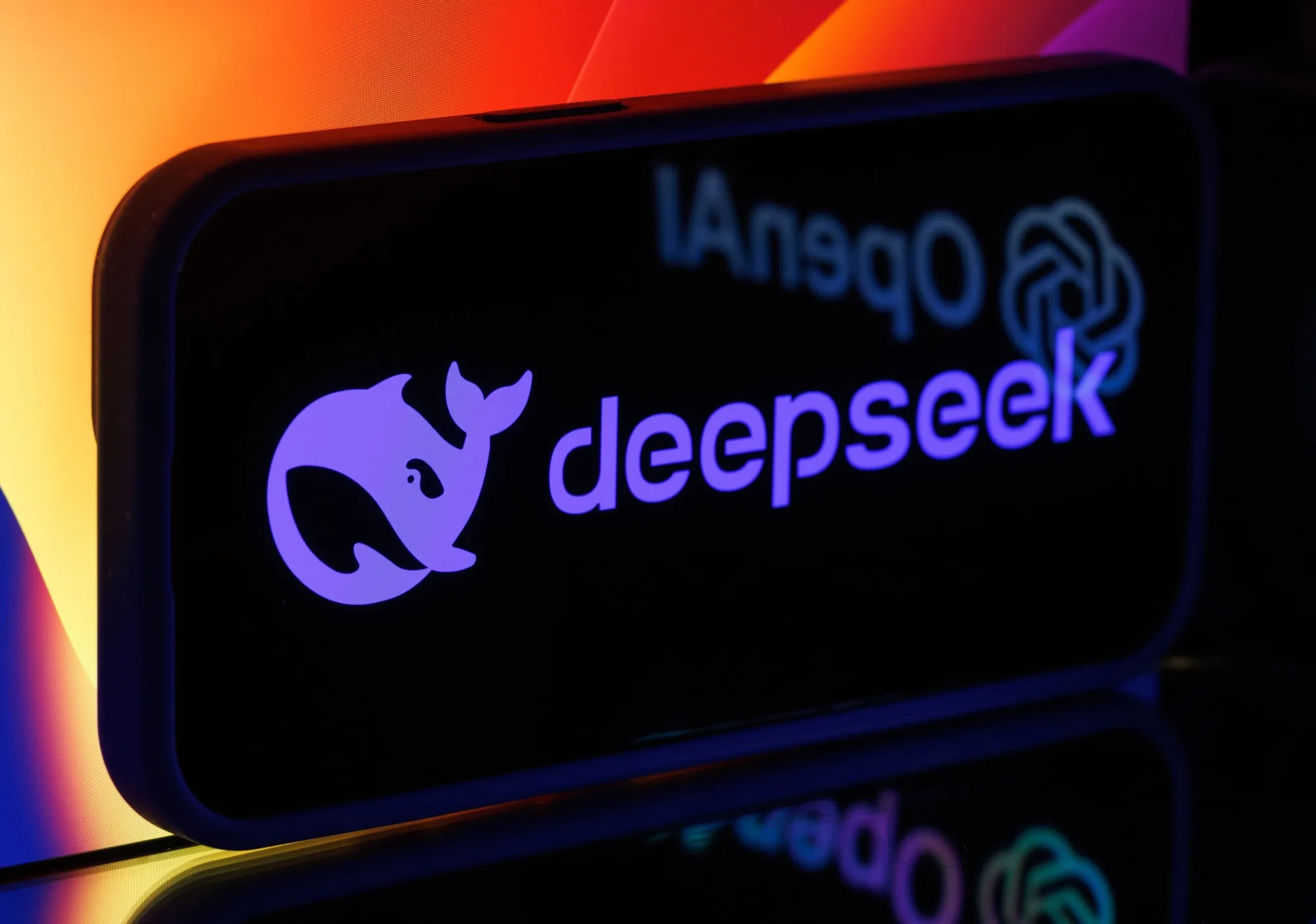 The logo of the DeepSeek artificial intelligence app on a mobile phone.