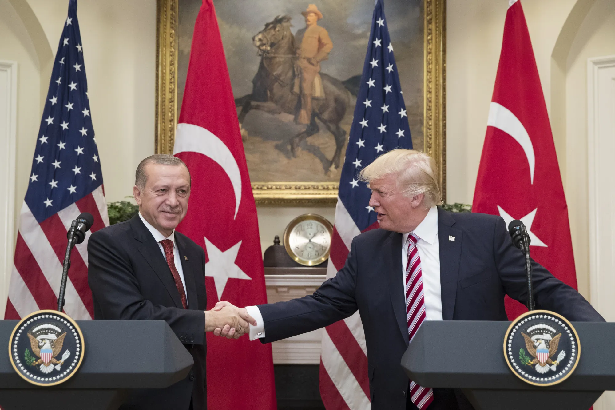 Donald Trump, right, shakes hands with Recep Tayyip Erdogan, at the White House in Washington, D.C., in 2017.