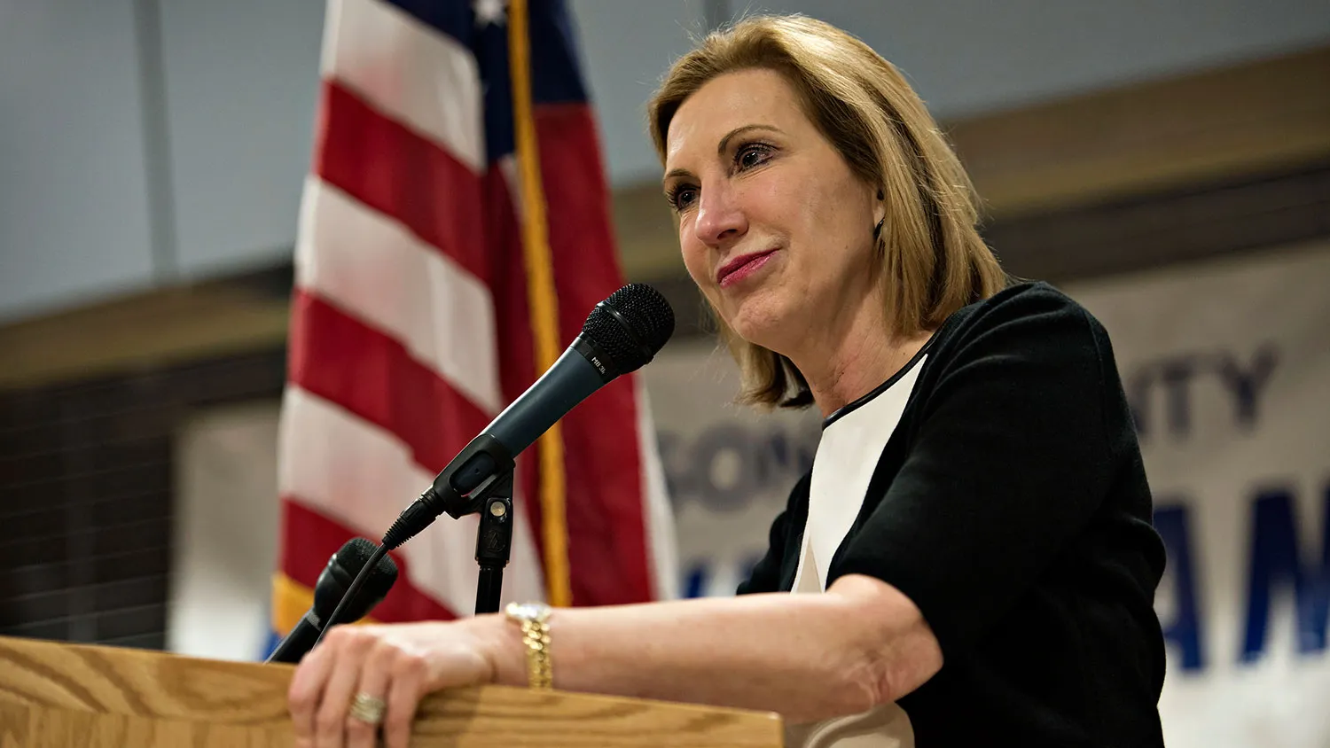 Carly Fiorina, former chief executive officer of Hewlett-Packard Co. and likely Republican presidential candidate for 2016, speaks during the Johnson County Chili Supper at Clear Creek Amana High School in Tiffin, Iowa, U.S., on Friday, April 24, 2015.
