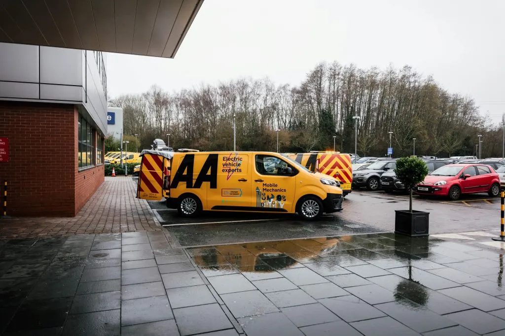 Vans used by AA Mobile Mechanics outside the AA office in Birmingham.