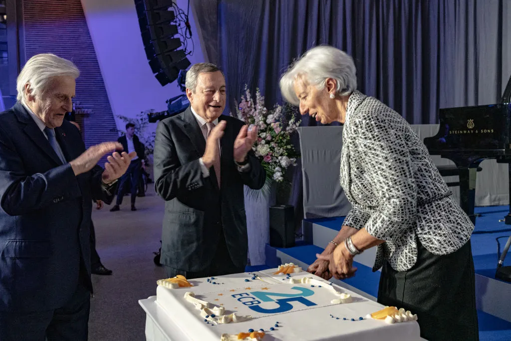 Christine Lagarde, Mario Draghi and&nbsp;Jean-Claude Trichet marking the 25th anniversary of the ECB in May 2023.