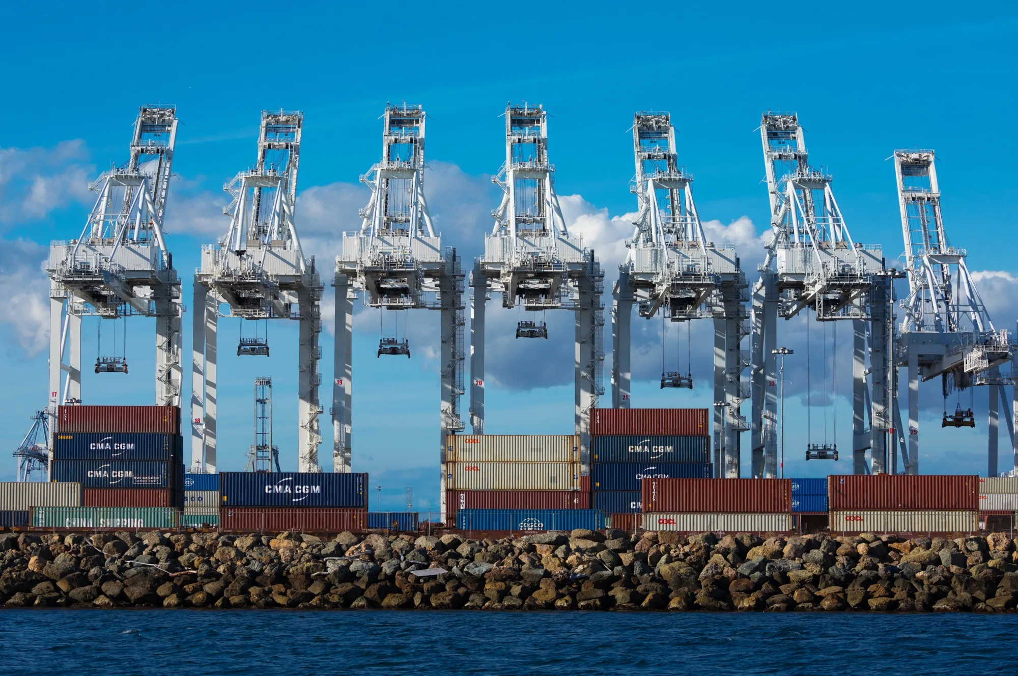 Cranes stand idle at the Port of Long Beach in California in March.