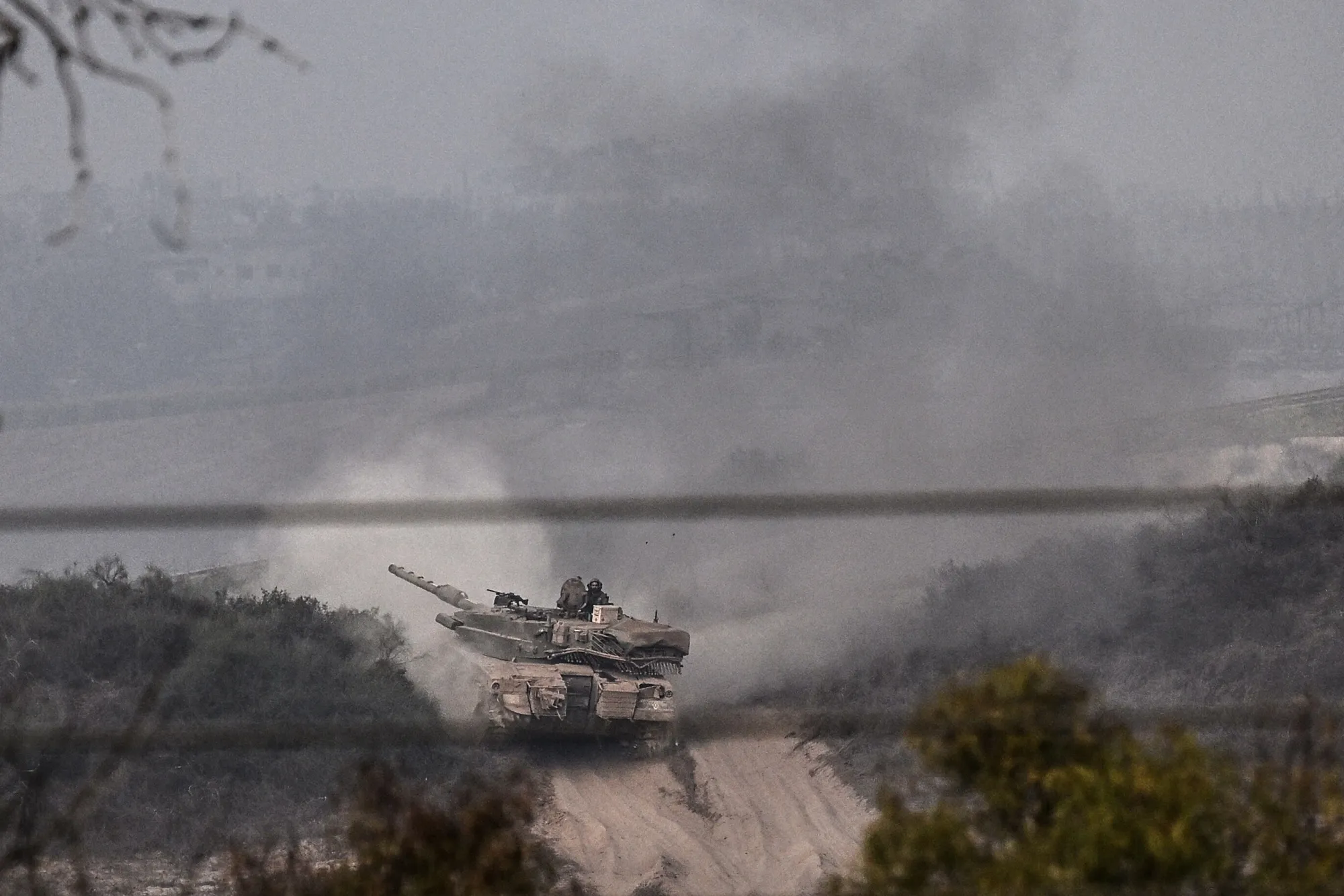 An Israeli Merkava tank rolling close to the Israeli border with the northern Gaza Strip&nbsp;on Oct.&nbsp;28.
