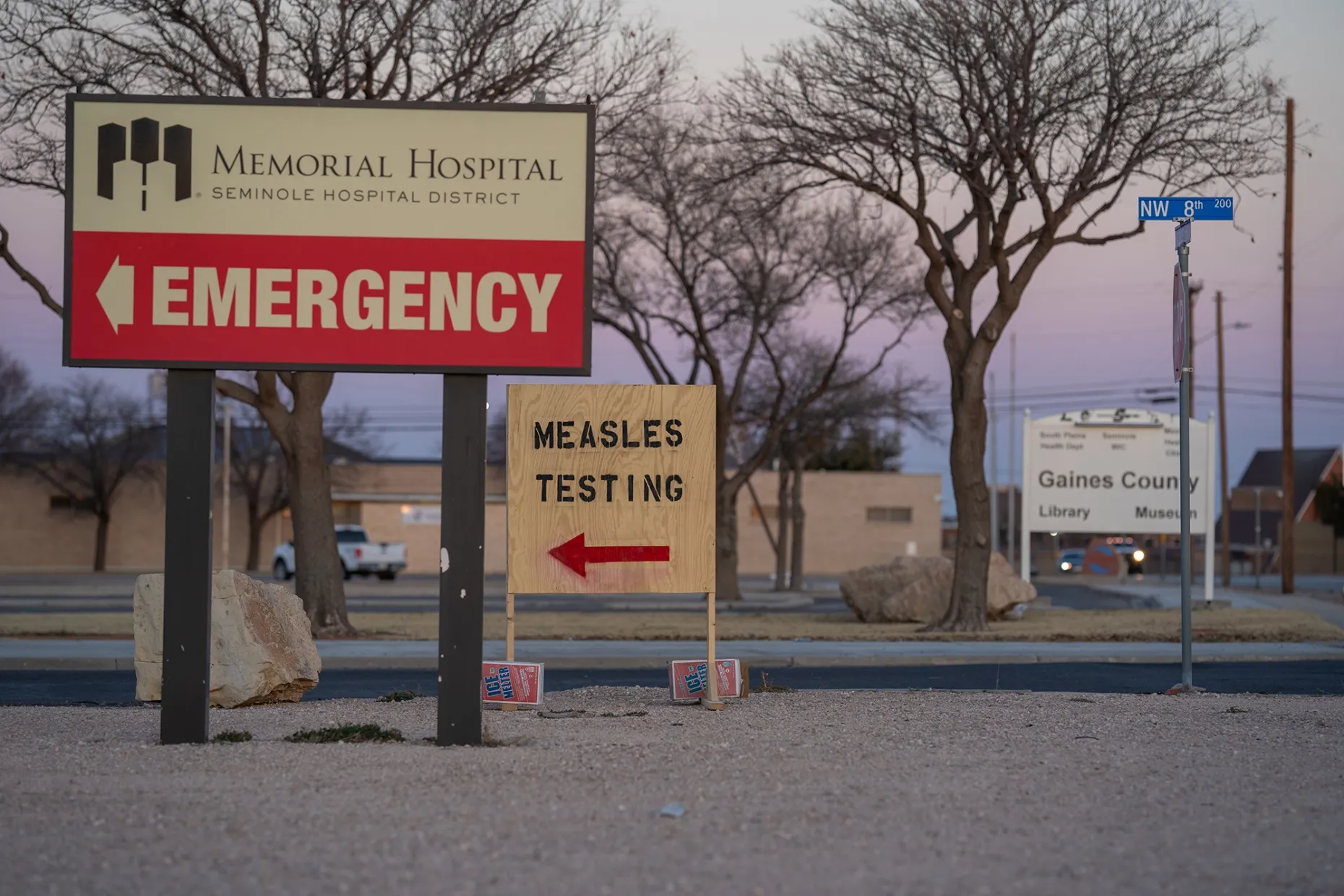 Signs point to measles testing in the parking lot of the Seminole Hospital District in Seminole, Texas in February.&nbsp;