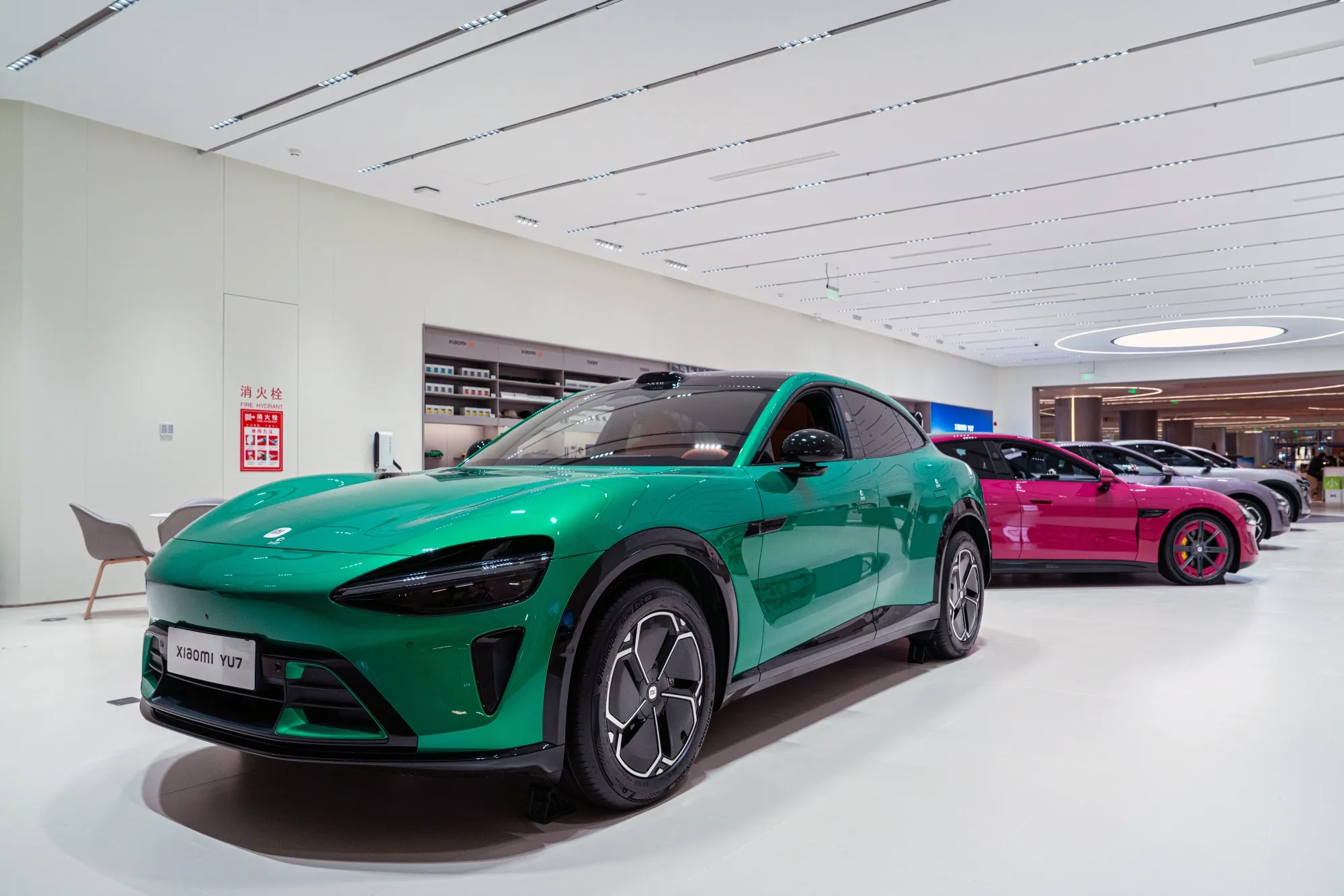 Xiaomi YU7 electric vehicles displayed at one of the company's stores in Beijing.