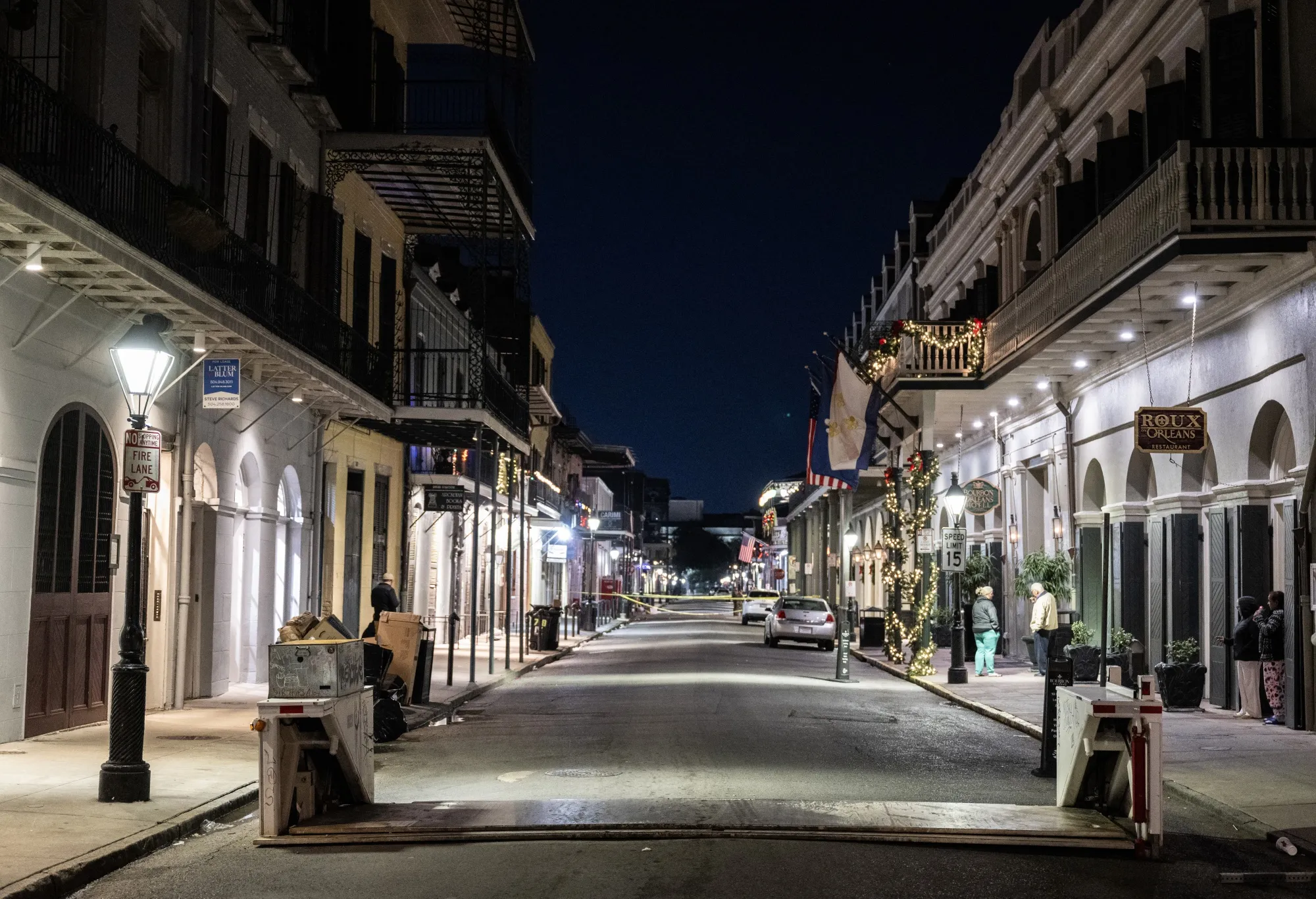 A car barrier is seen down on Orleans Street in the French Quarter, a block from Bourbon Street, after 14 people were killed during an attack early in the morning on January 1, 2025 in New Orleans, Louisiana. 