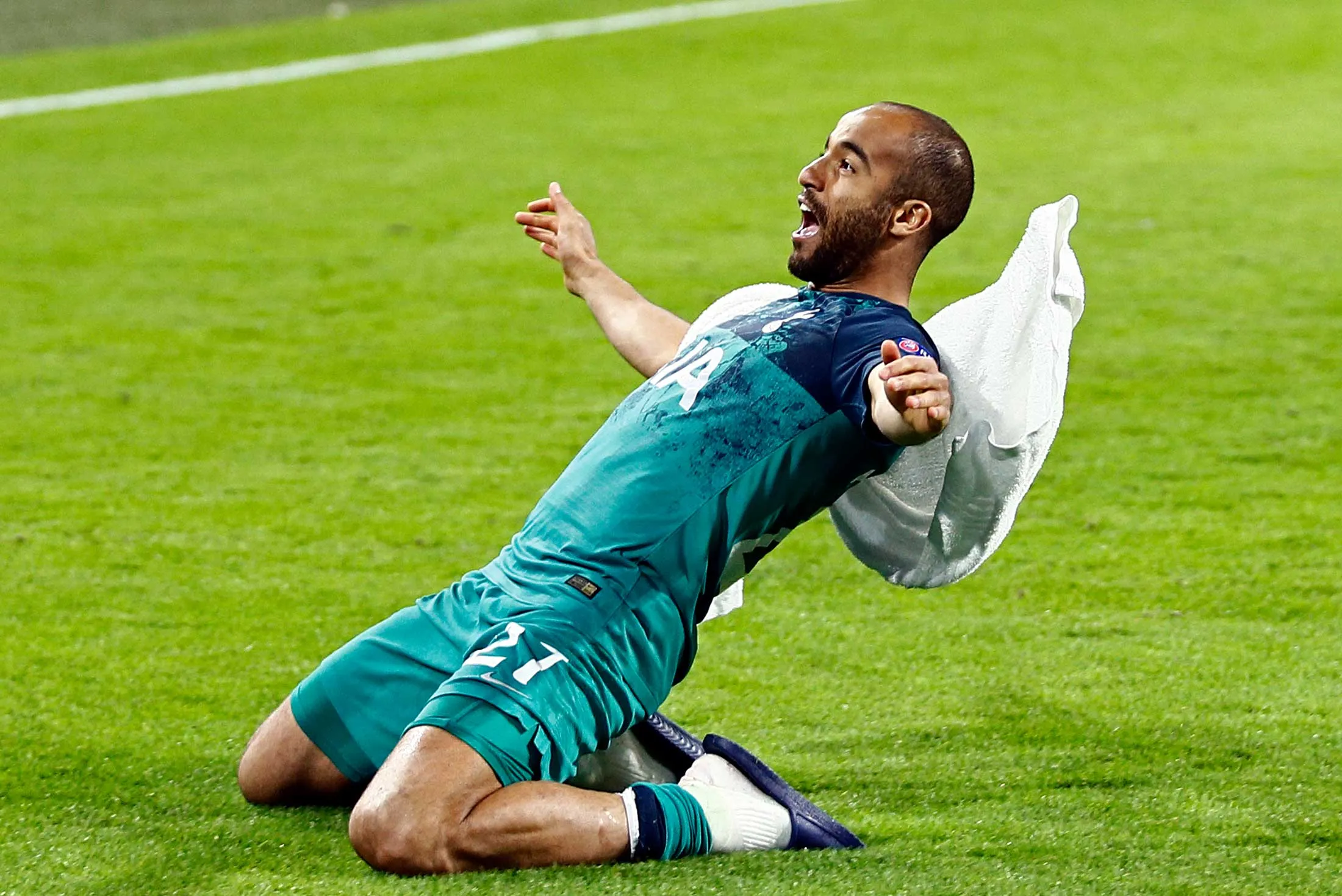 Tottenham’s Lucas Moura celebrating in Amsterdam.
