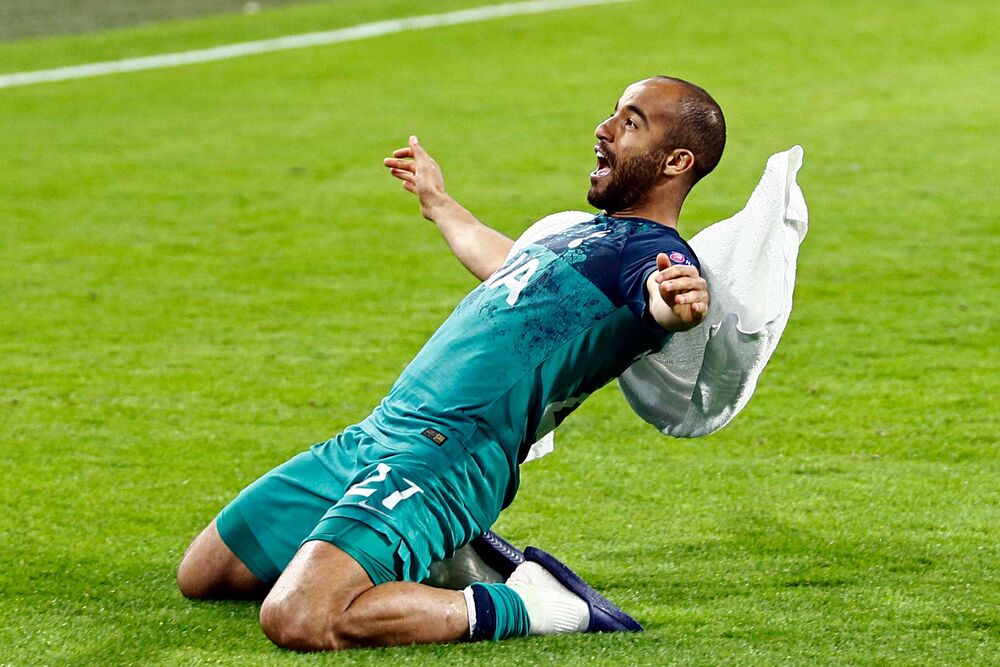 Tottenhamâs Lucas Moura celebrating in Amsterdam.