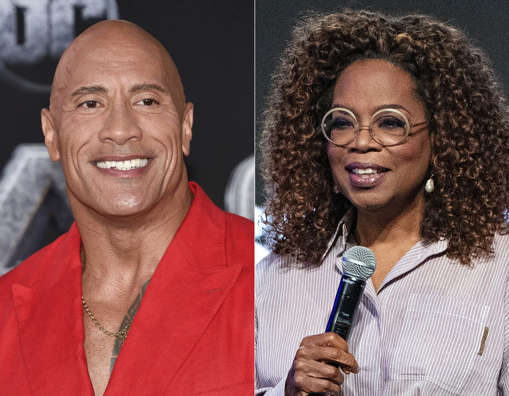 Dwayne Johnson attends the world premiere of "Black Adam" in New York on Oct. 12, 2022, left, and Oprah Winfrey appears at the Essence Festival of Culture in New Orleans on June 30, 2023. Johnson and Winfrey have committed $10 million to make direct payments to people on Maui who are unable to return to their homes because of the wildfires. (AP Photo)